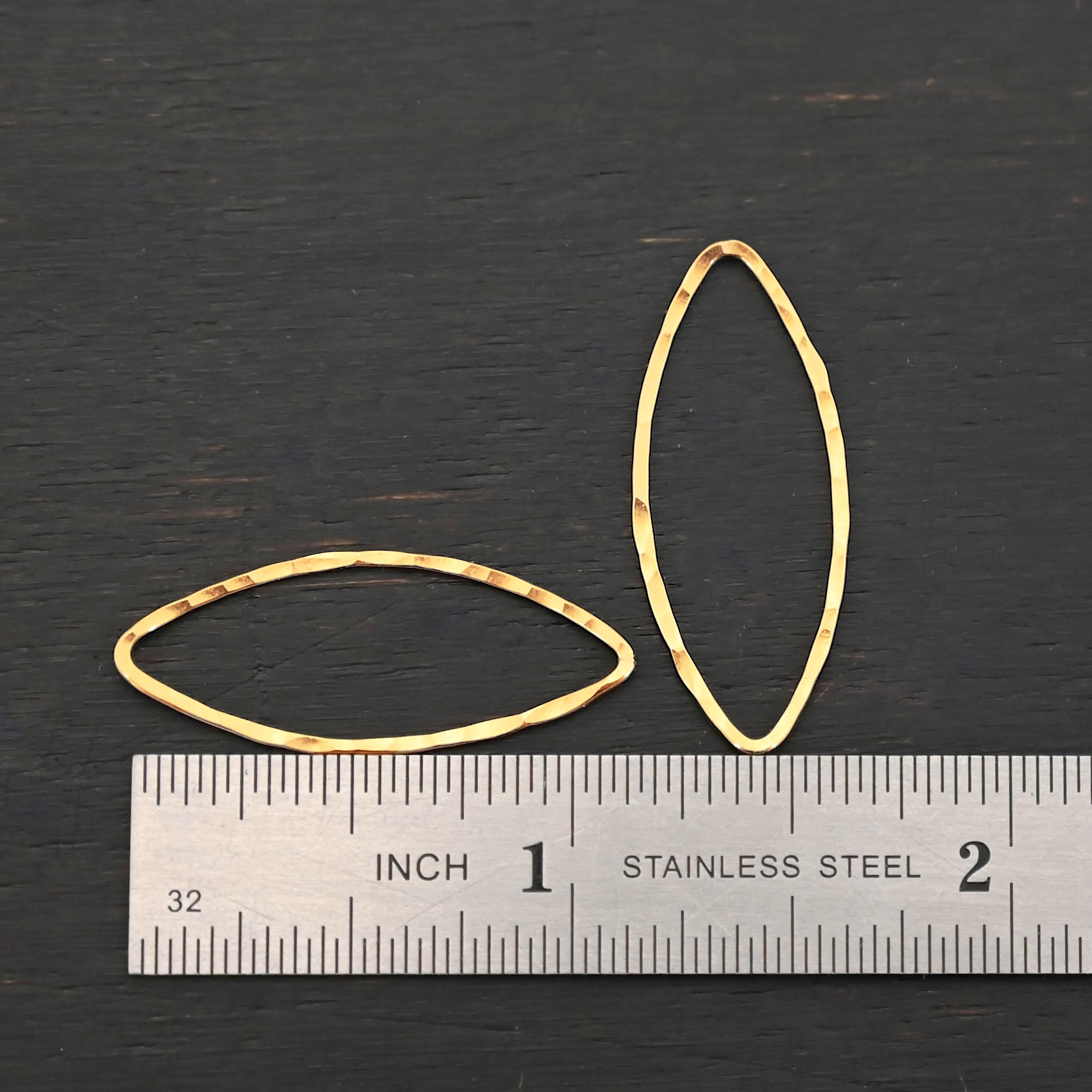 Tina - 14k Gold Filled Marquise Chandelier hammered 29x12mm shown by ruler