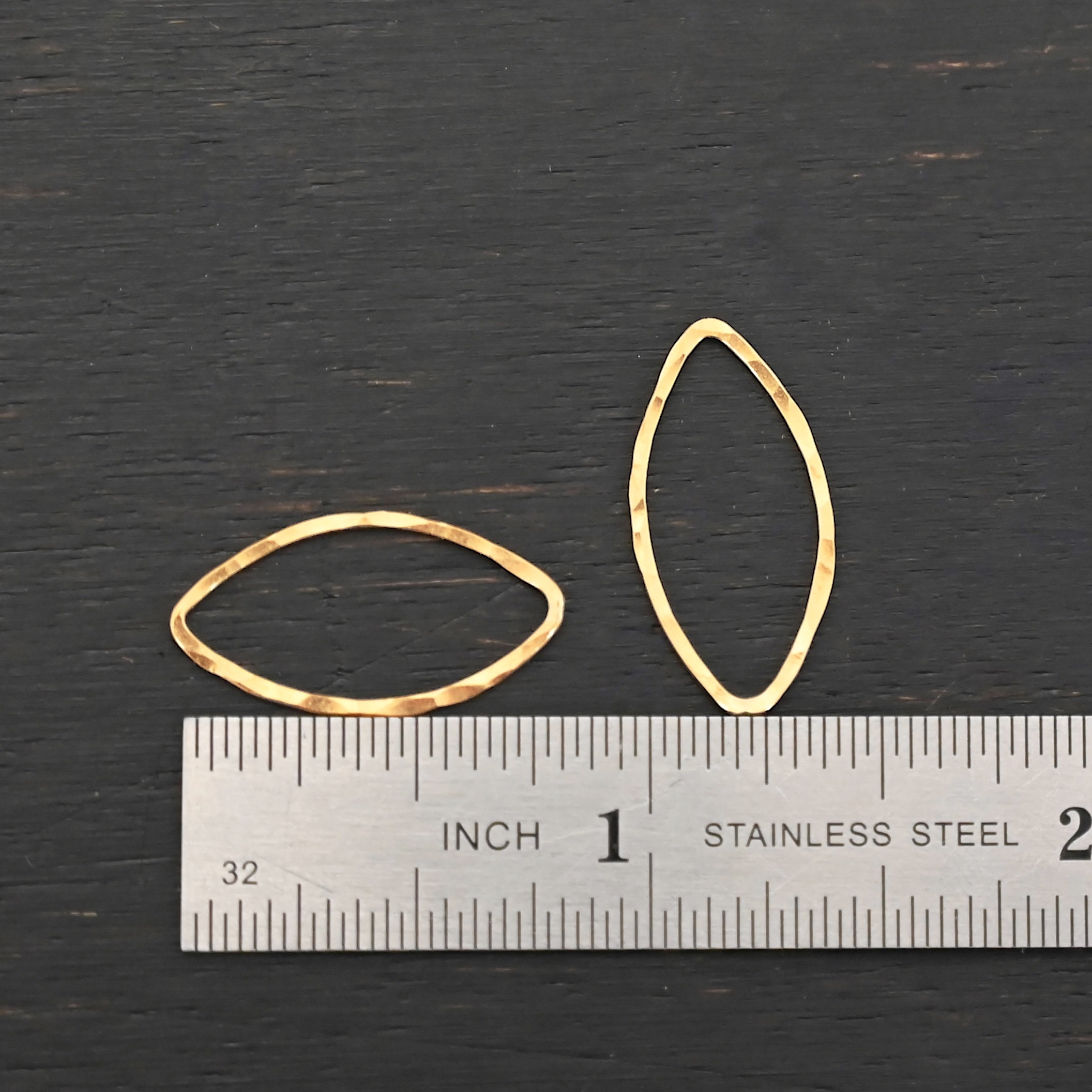 Tina - 14k Gold Filled Marquise Chandelier hammered 20x9mm shown by ruler