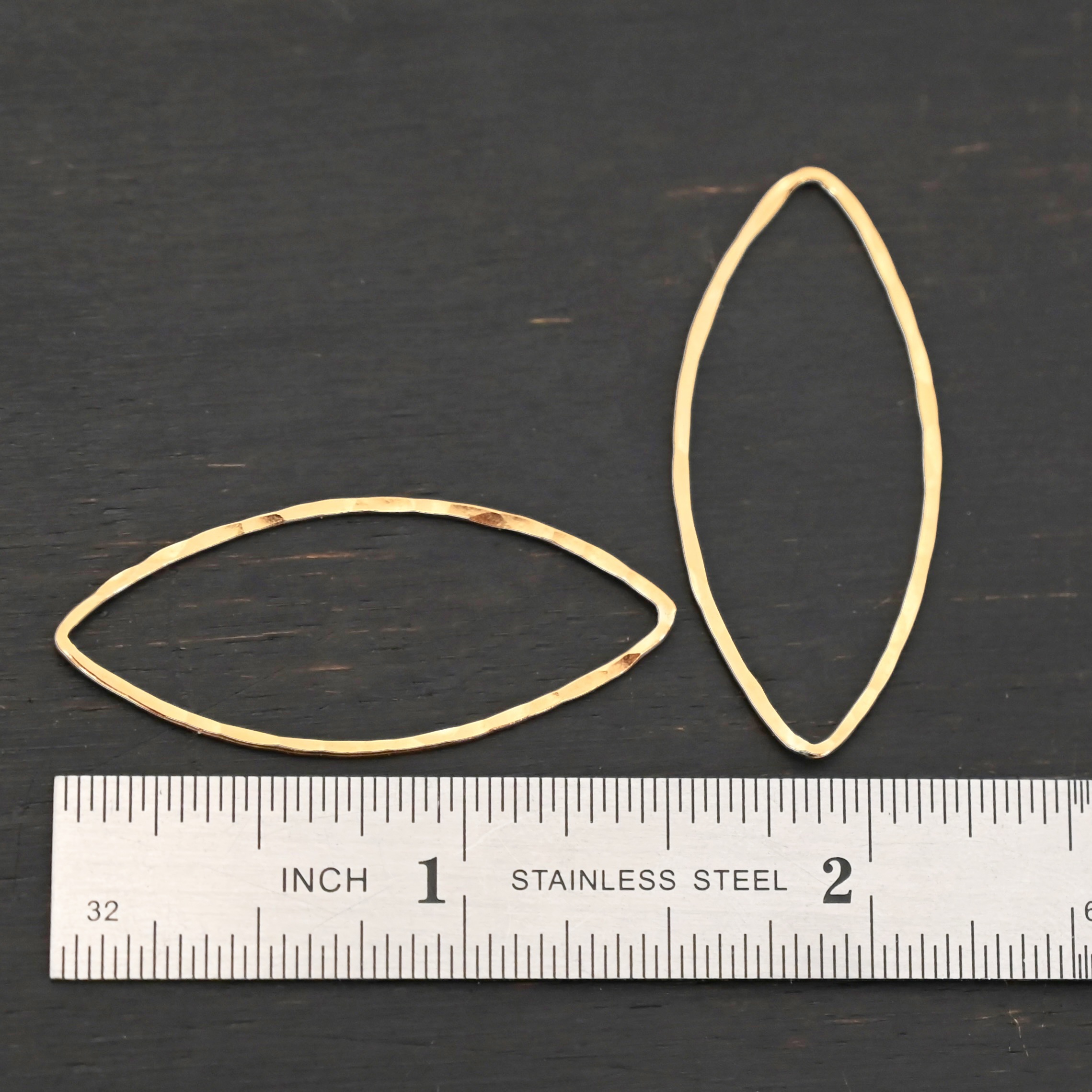 Tina - 14k Gold Filled Marquise Chandelier hammered 38x16mm shown by ruler