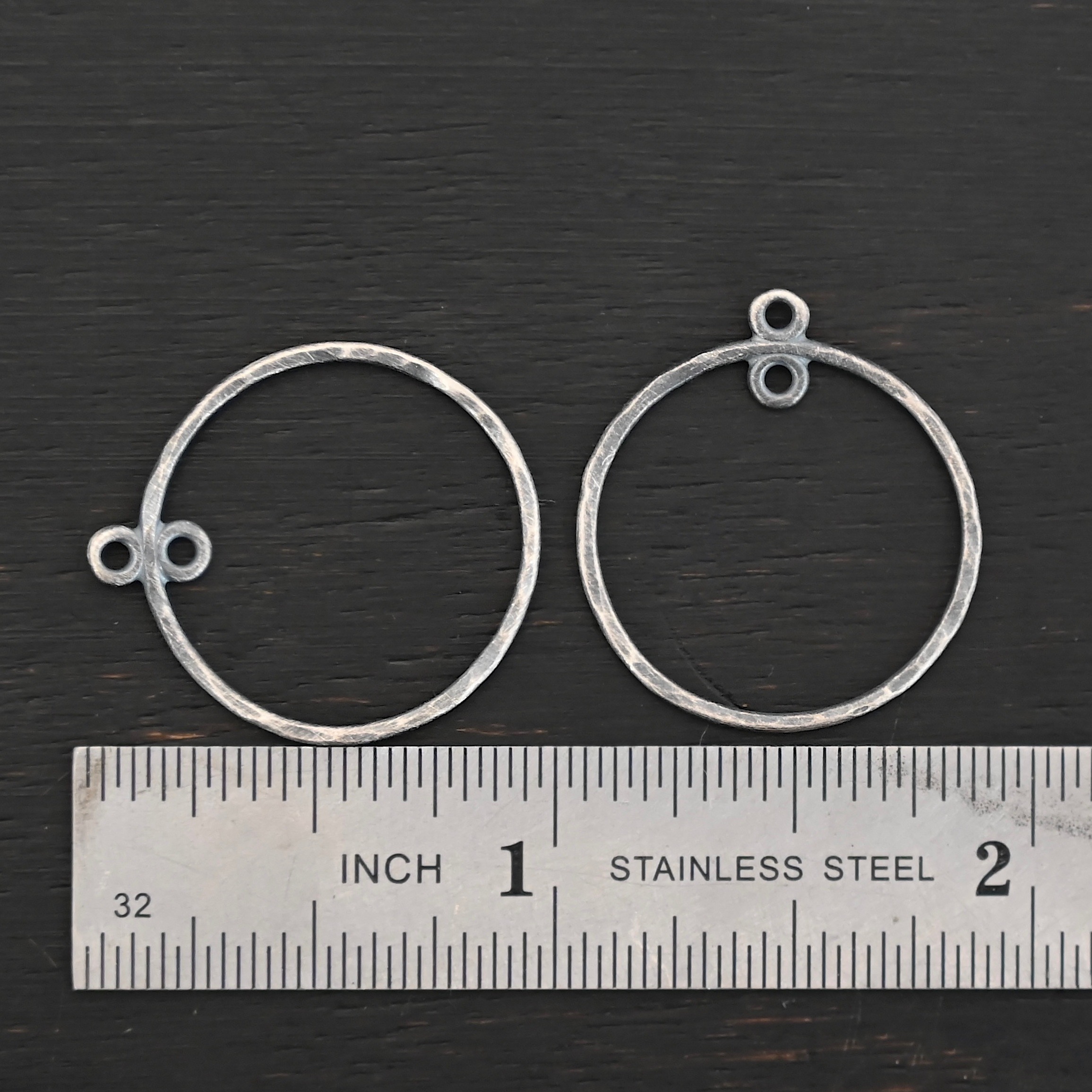 Sterling Silver Tara Hoop Chandelier oxidized hammered 3/4" shown by ruler