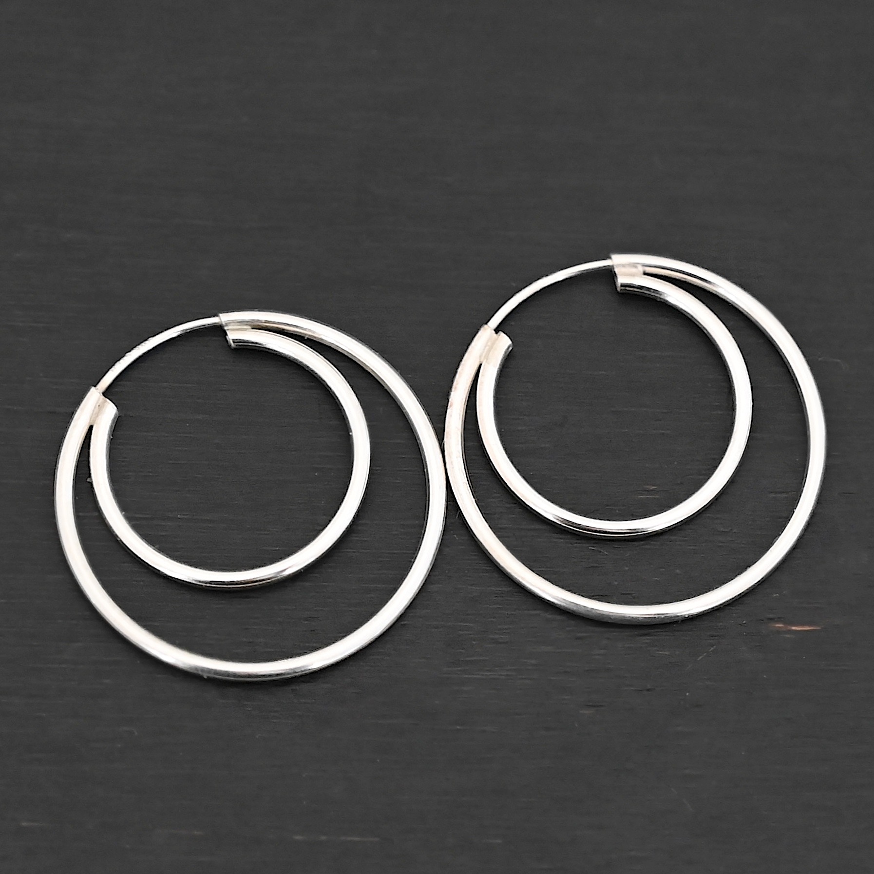 Sterling Silver Fern Double Hoop Earrings shiny shown on dark background