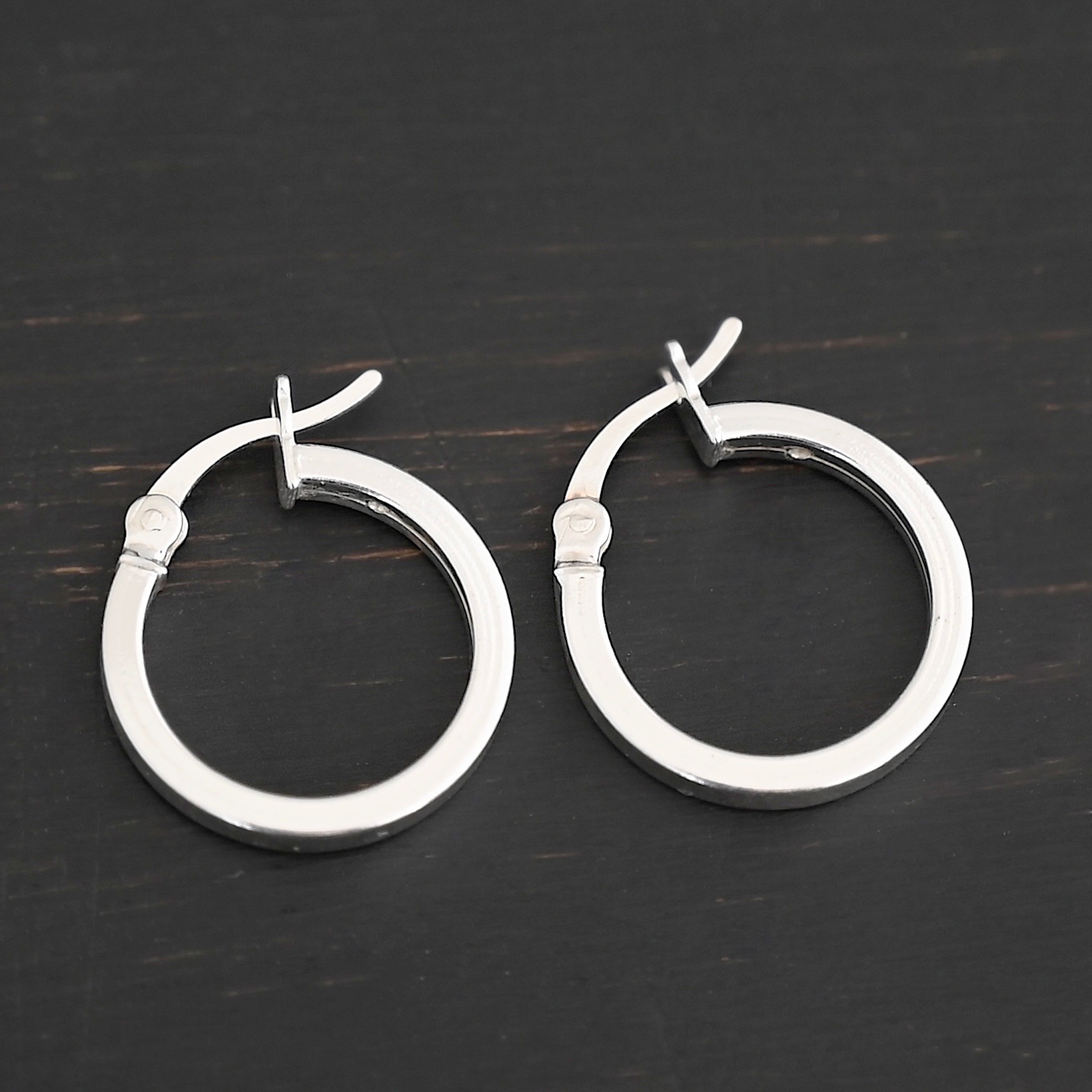Sterling Silver Frankie Square Hoop Earrings 16mm shiny shown on dark background