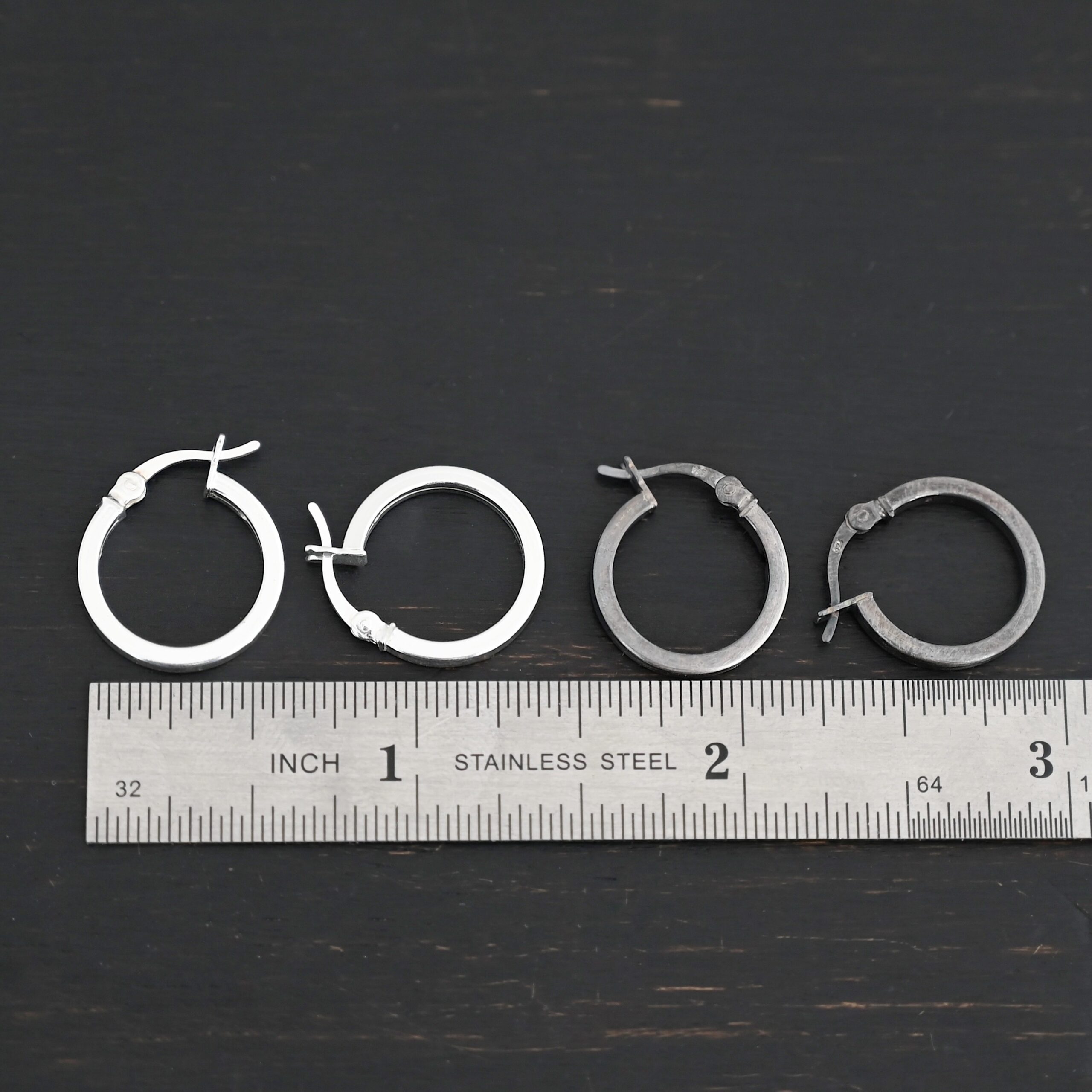 Sterling Silver Frankie Square Hoop Earrings 16mm shiny and oxidized shown by ruler