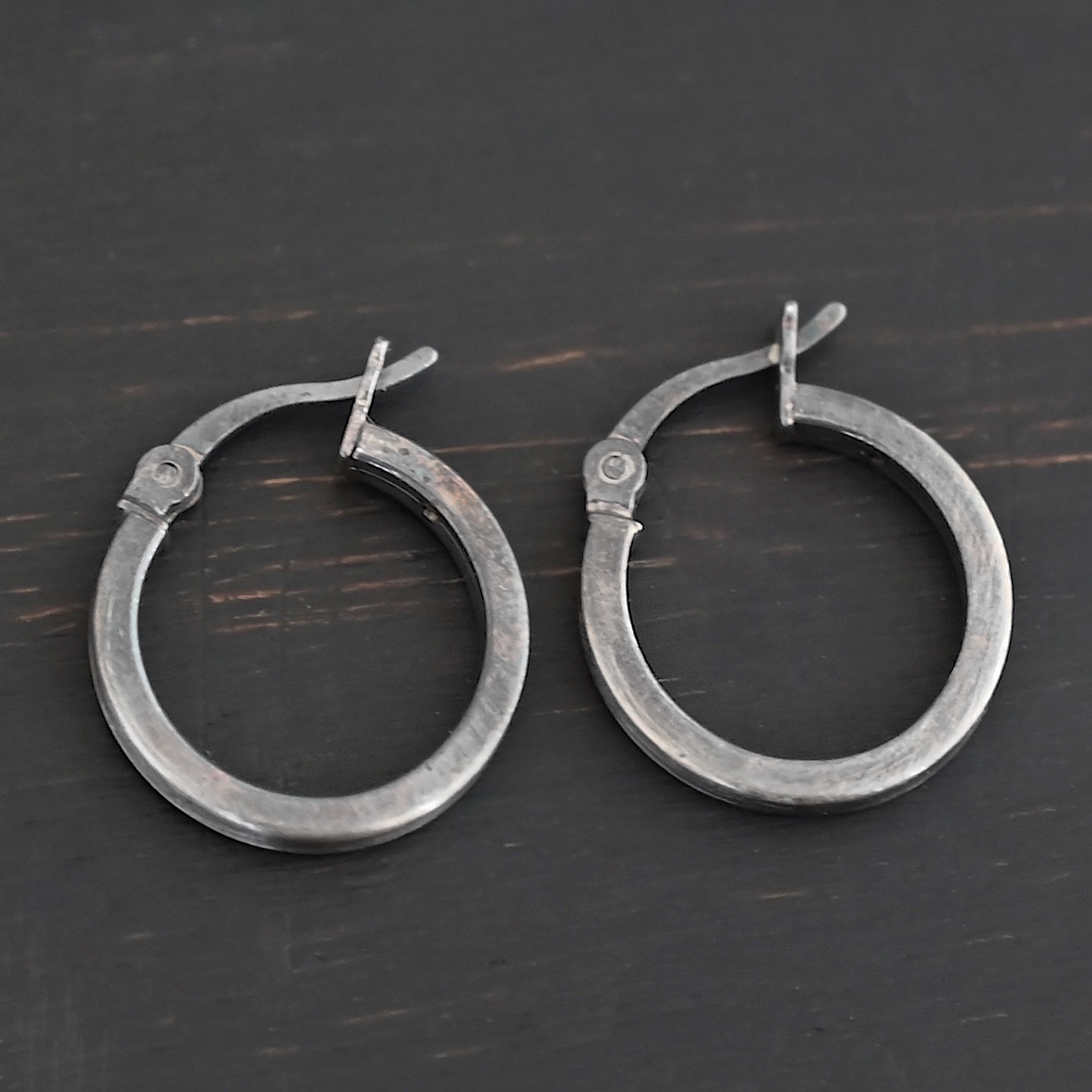 Sterling Silver Frankie Square Hoop Earrings 16mm oxidized shown on dark background