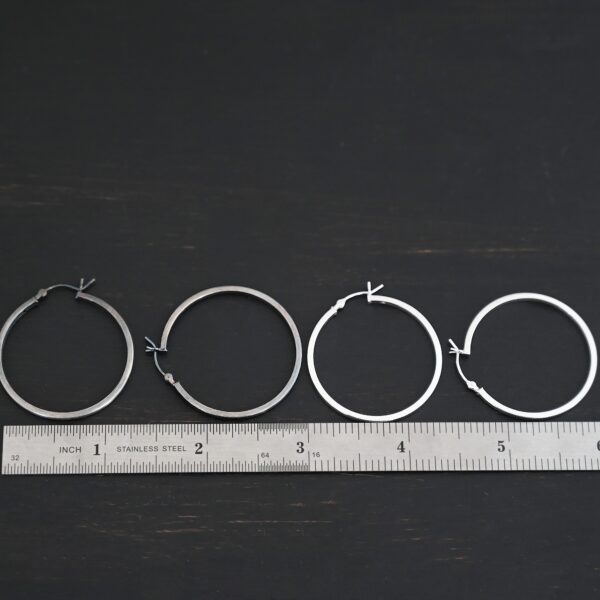 Sterling Silver Frankie Square Hoop Earrings 35mm shiny and oxidized shown by ruler