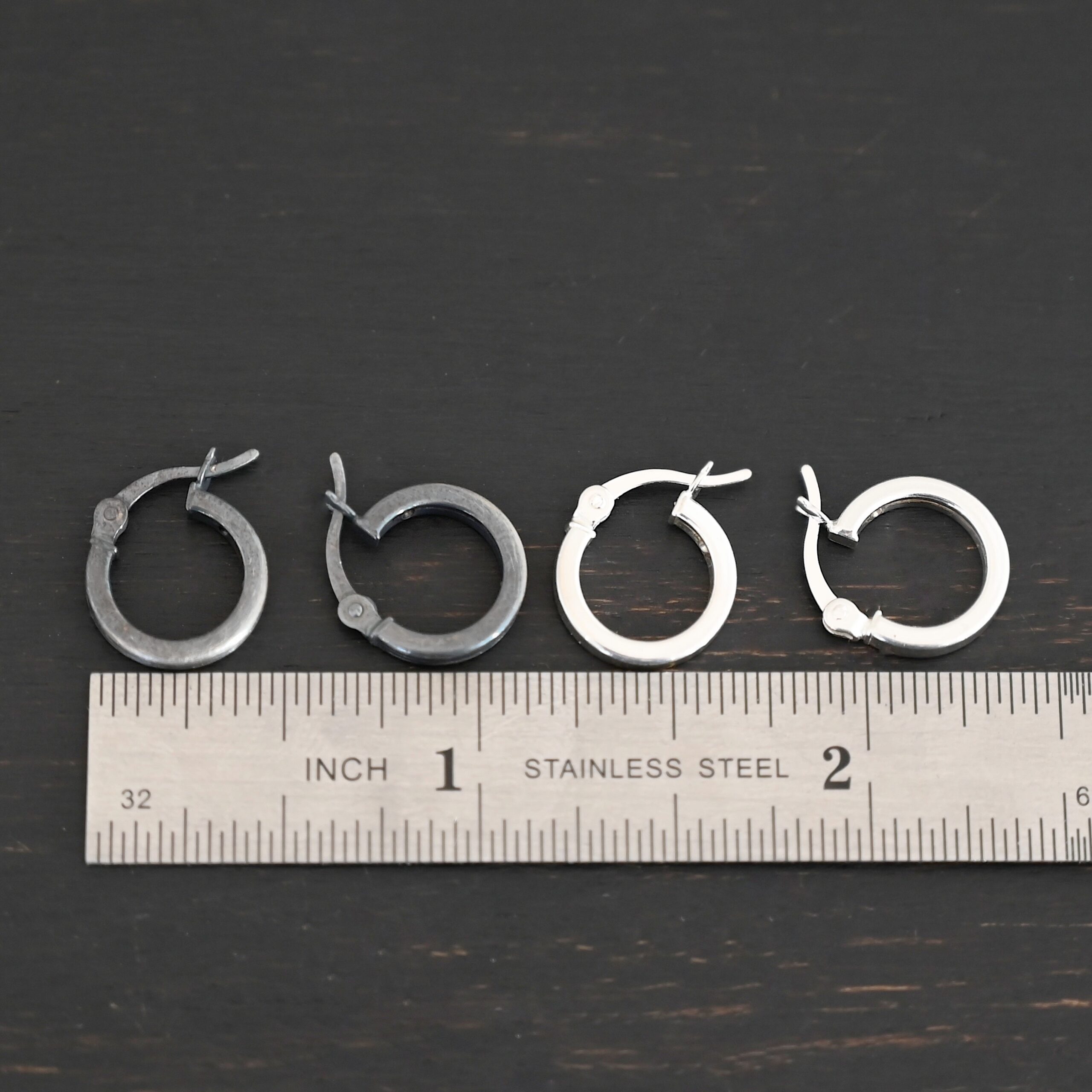 Sterling Silver Frankie Square Hoop Earrings 12mm shiny and oxidized shown by ruler