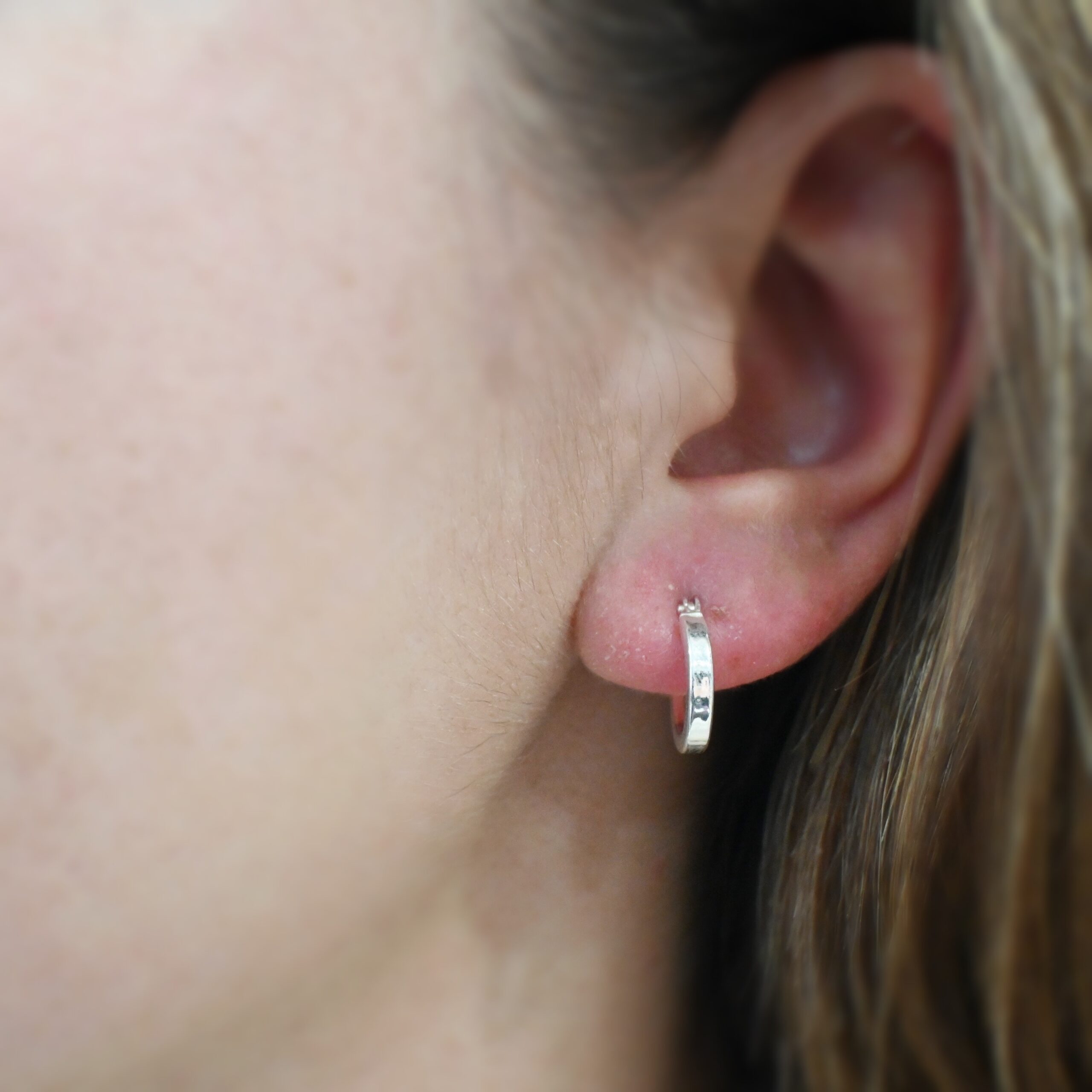 Sterling Silver Frankie Square Hoop Earrings 12mm shiny shown on model