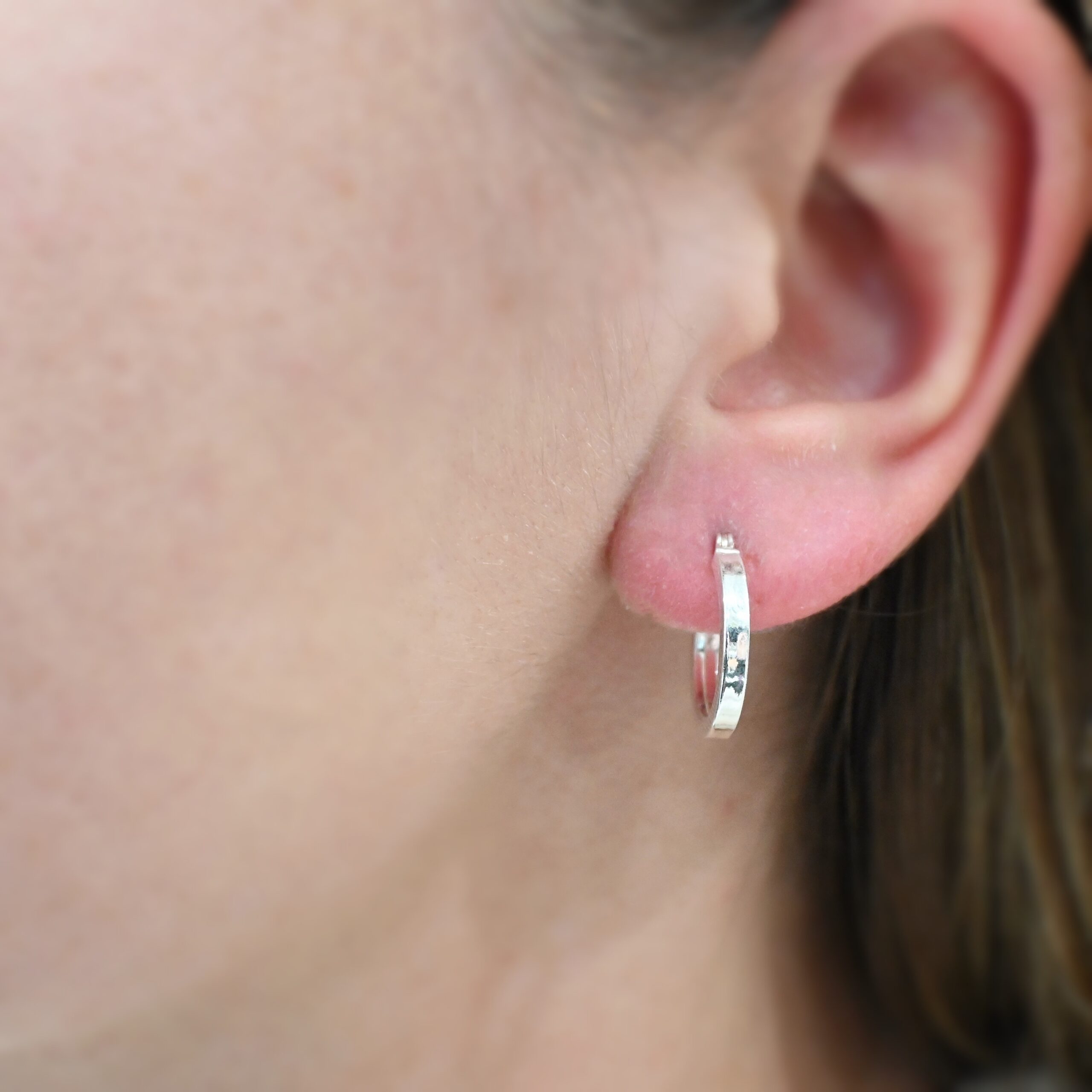 Sterling Silver Frankie Square Hoop Earrings 16mm shiny shown on model