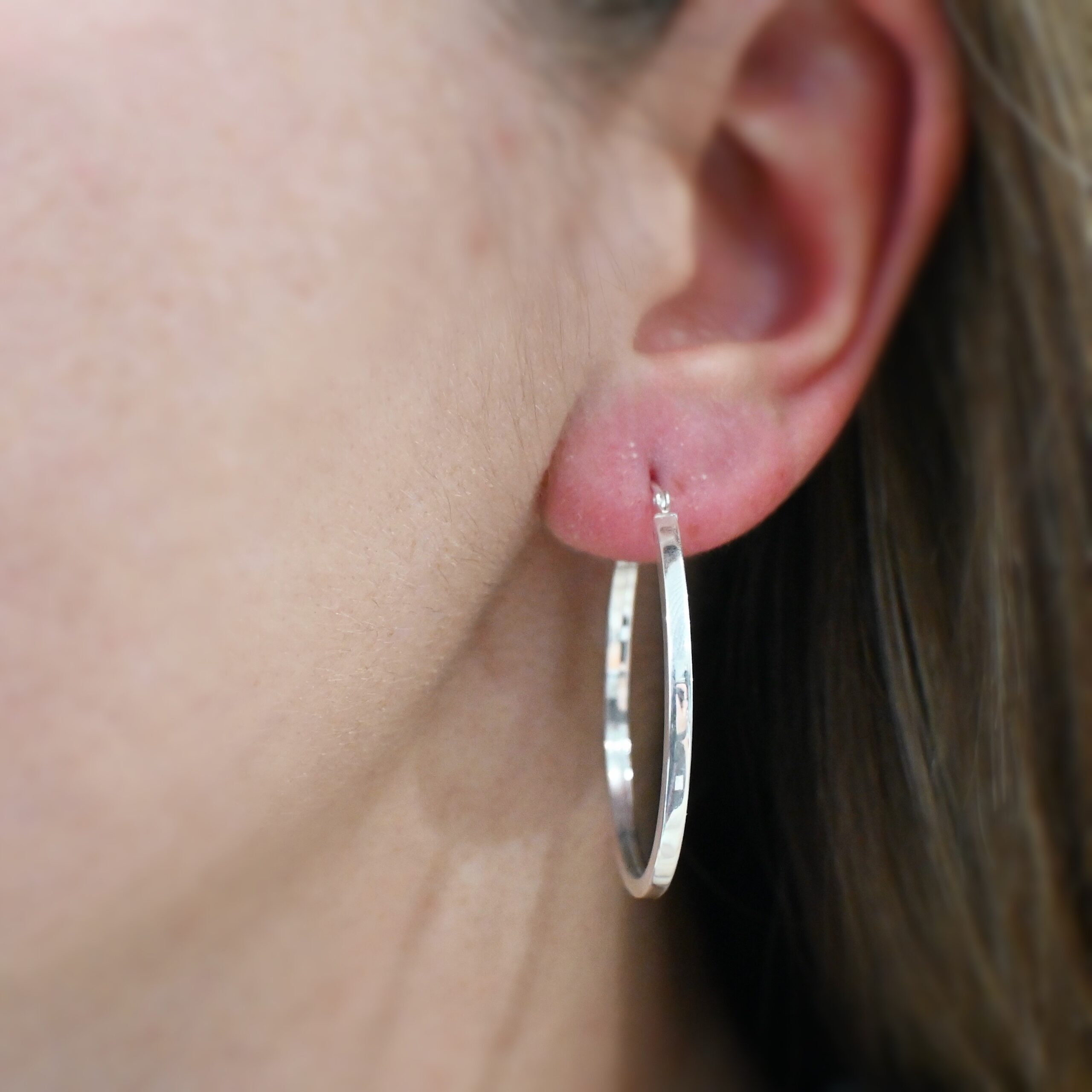 Sterling Silver Frankie Square Hoop Earrings 35mm shiny shown on model