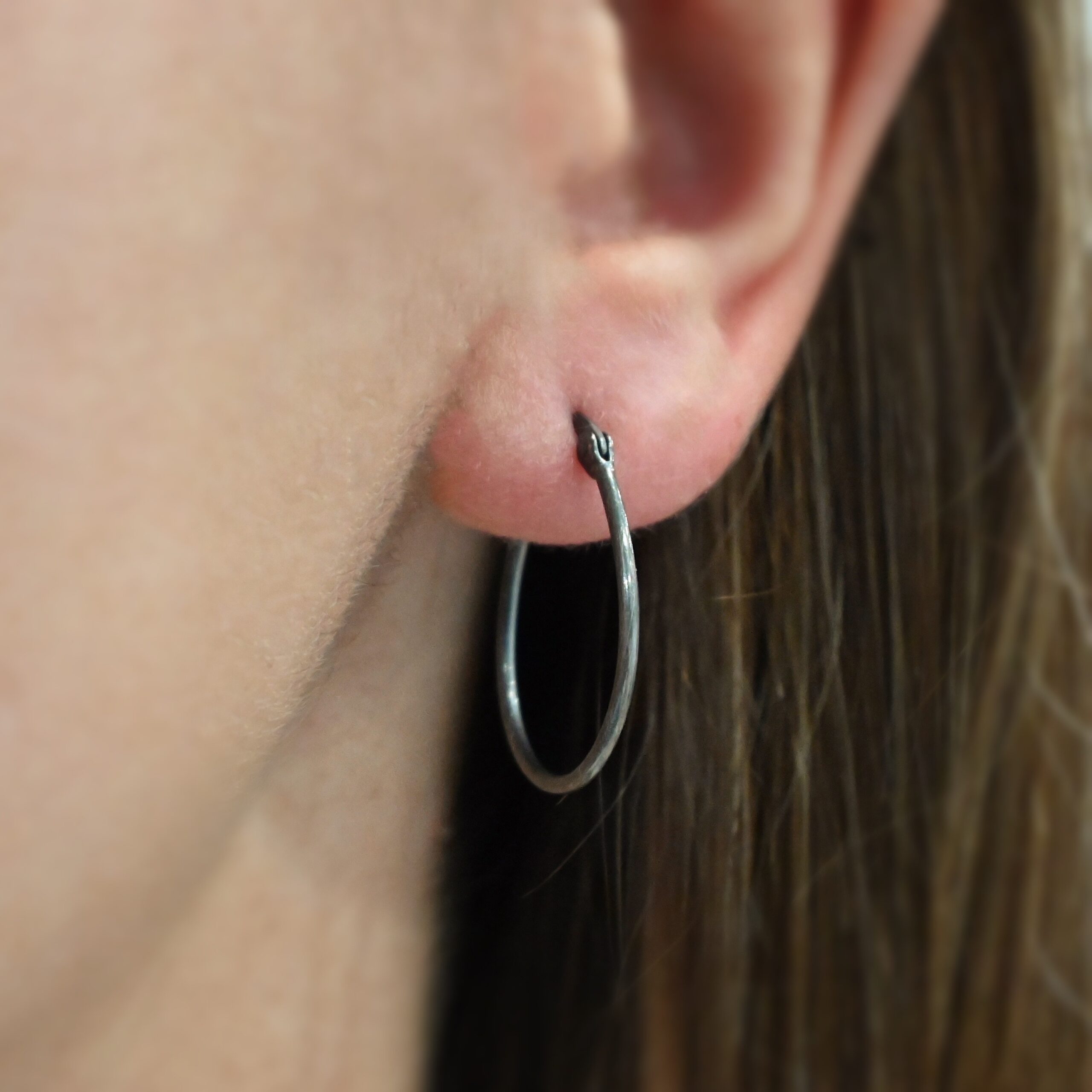 Sterling Silver Fiona Hoop Earrings oxidized shown on model