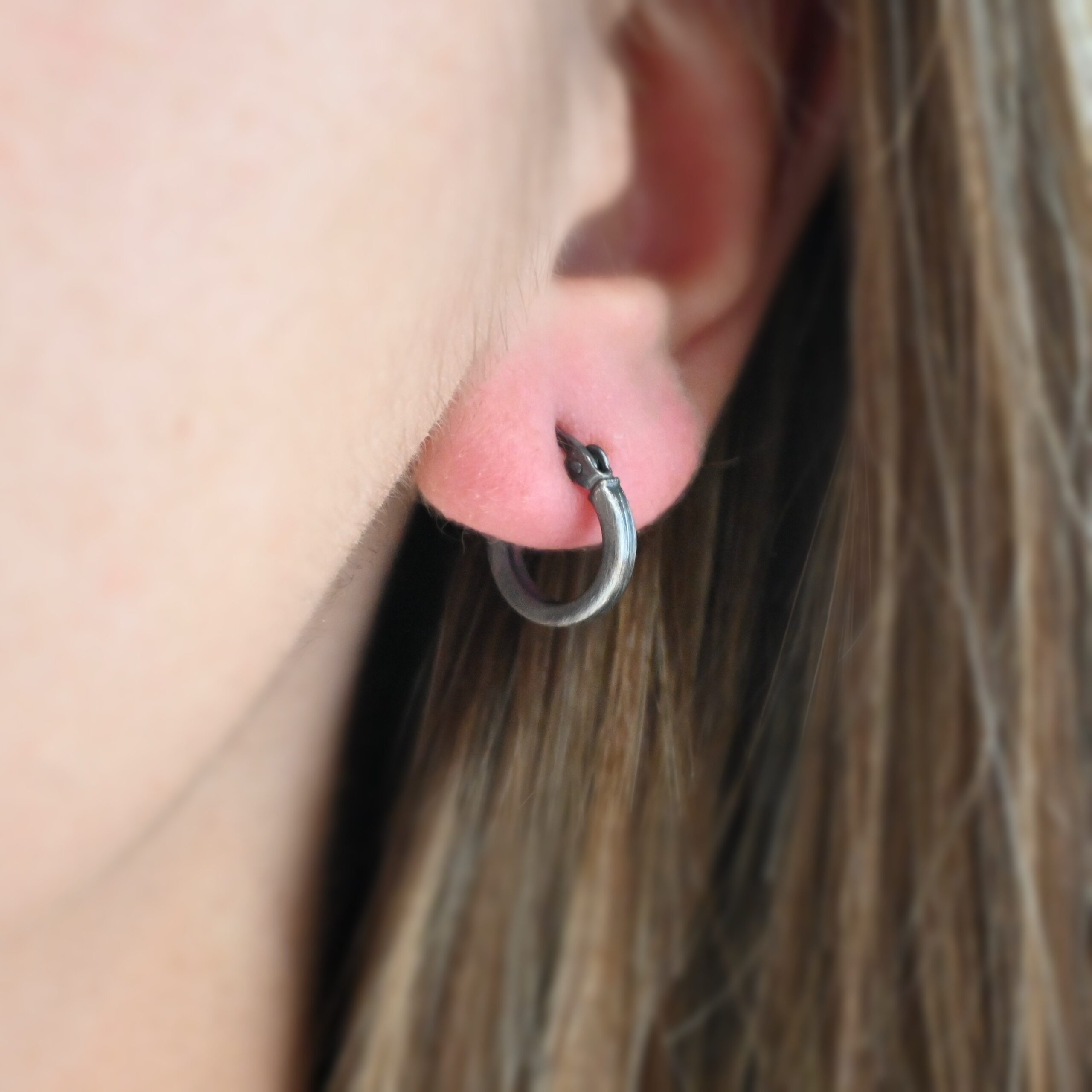 Sterling Silver Frankie Square Hoop Earrings 12mm oxidized shown on model