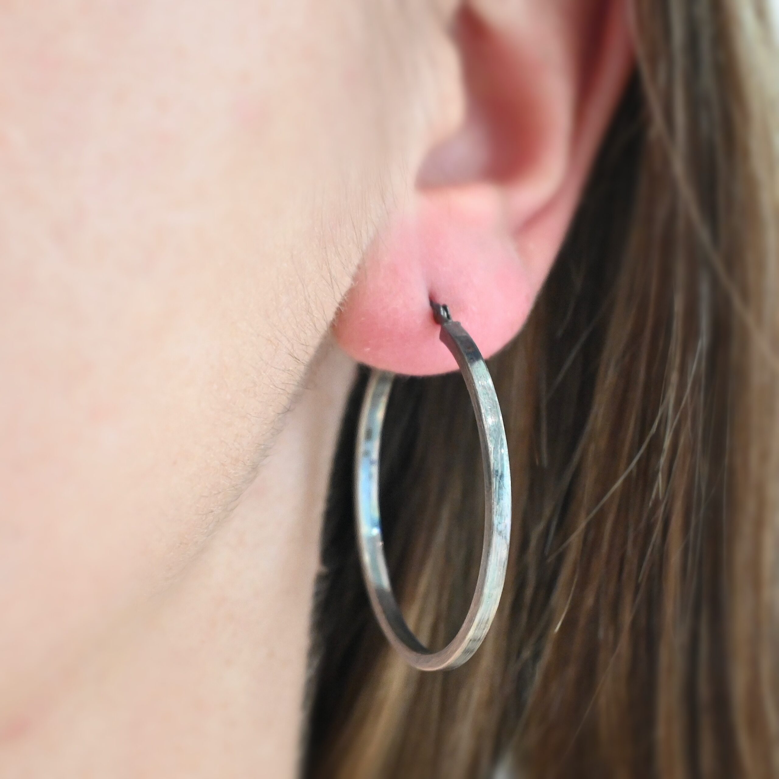 Sterling Silver Frankie Square Hoop Earrings 35mm oxidized shown on model