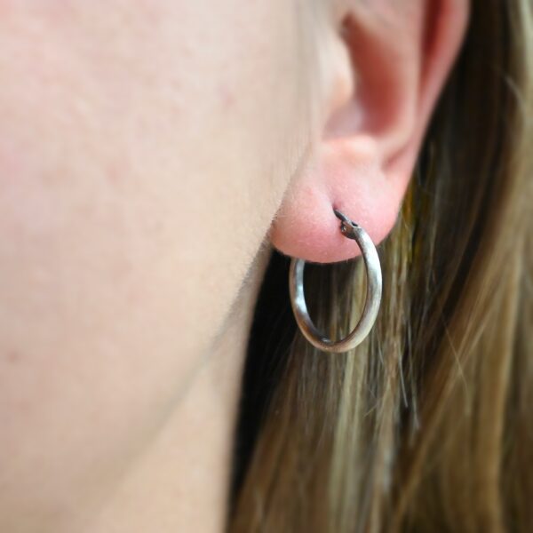 Sterling Silver Francesca Hoops 20mm oxidized shown on model