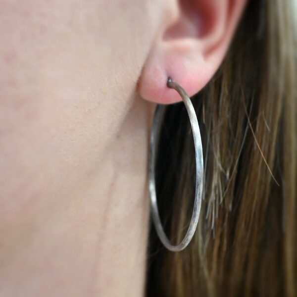 Sterling Silver Francesca Hoops 50mm oxidized shown on model