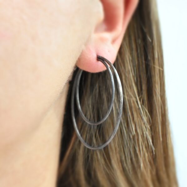 Sterling Silver Fern Double Hoop Earrings 45mm oxidized shown on model