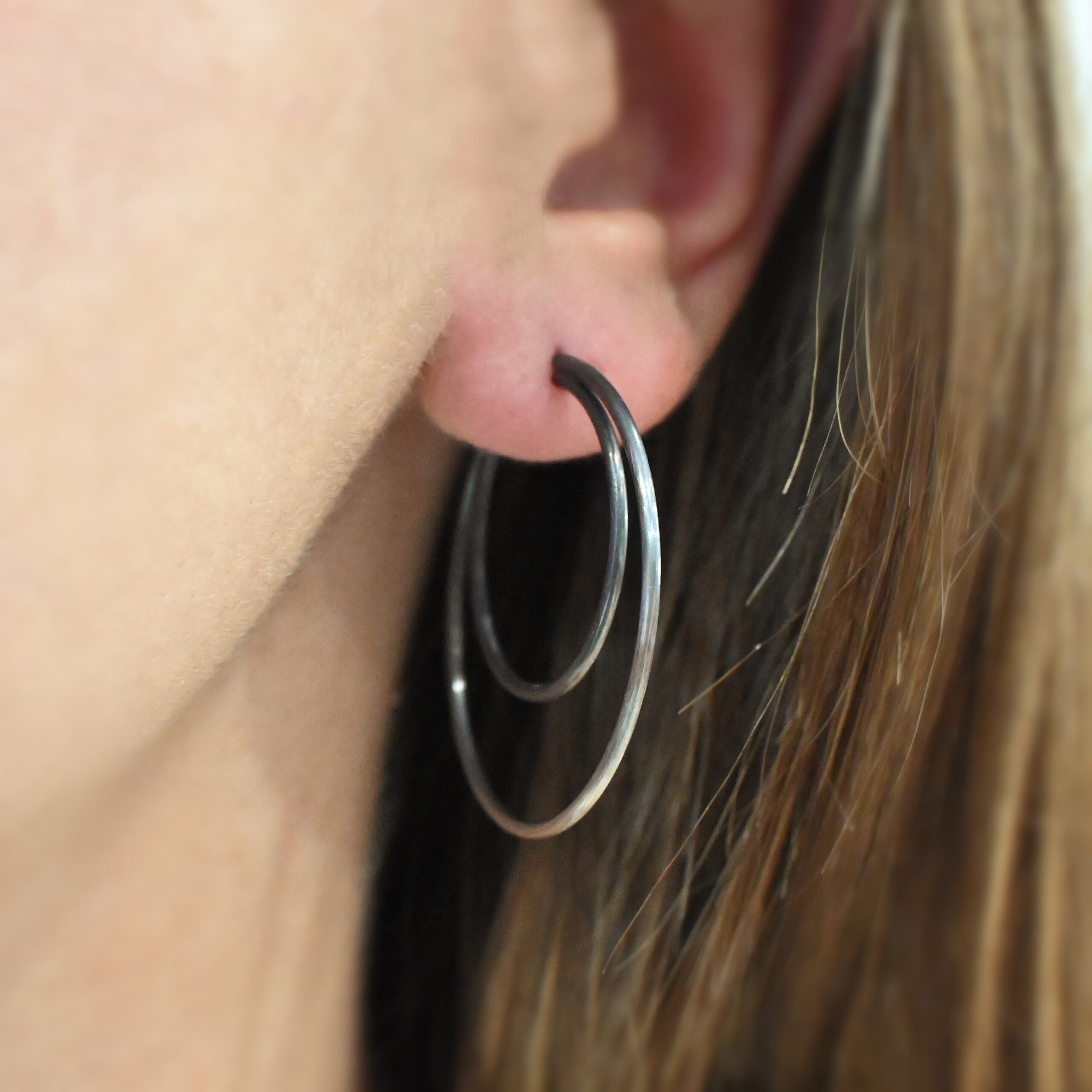 Sterling Silver Fern Double Hoop Earrings 35mm oxidized shown on model