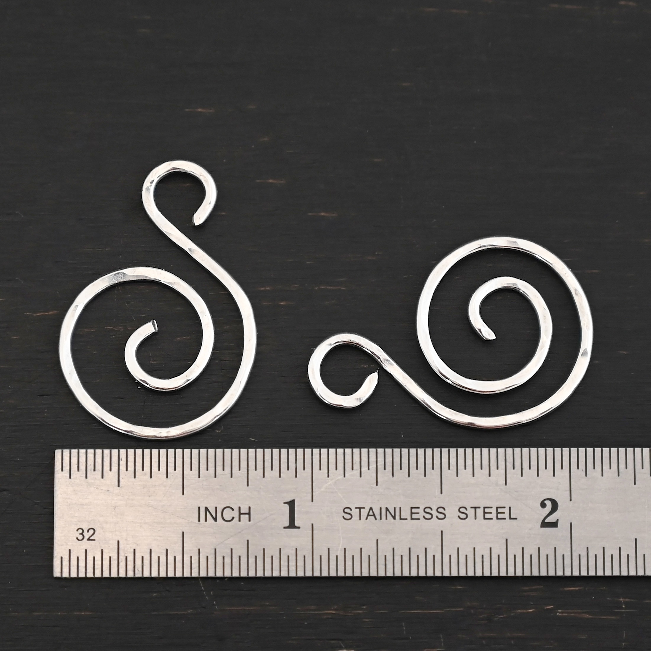 Sterling Silver Teagan S Shaped Pair - shiny hammered shown by ruler