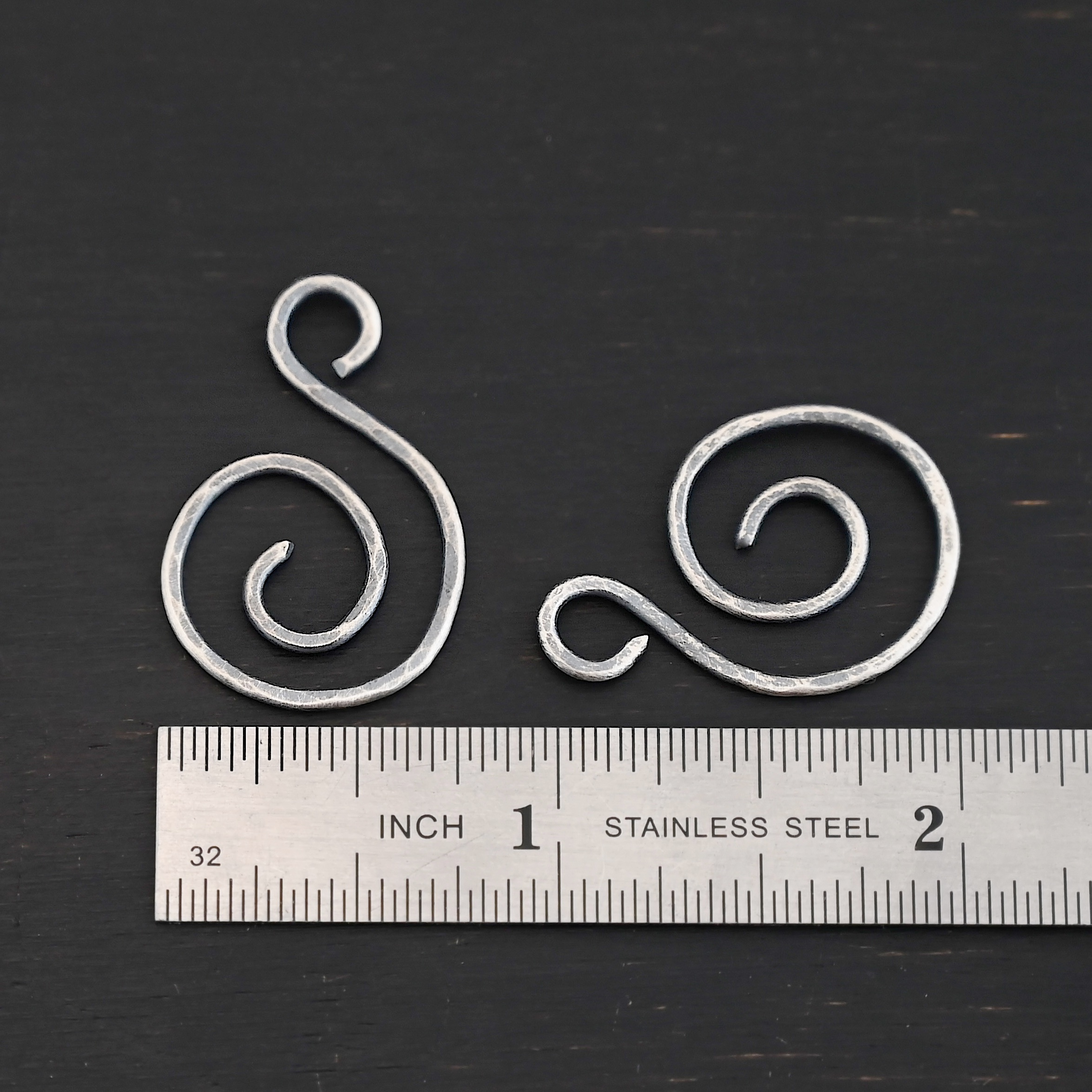 Sterling Silver Teagan S Shaped Pair - oxidized hammered shown by ruler