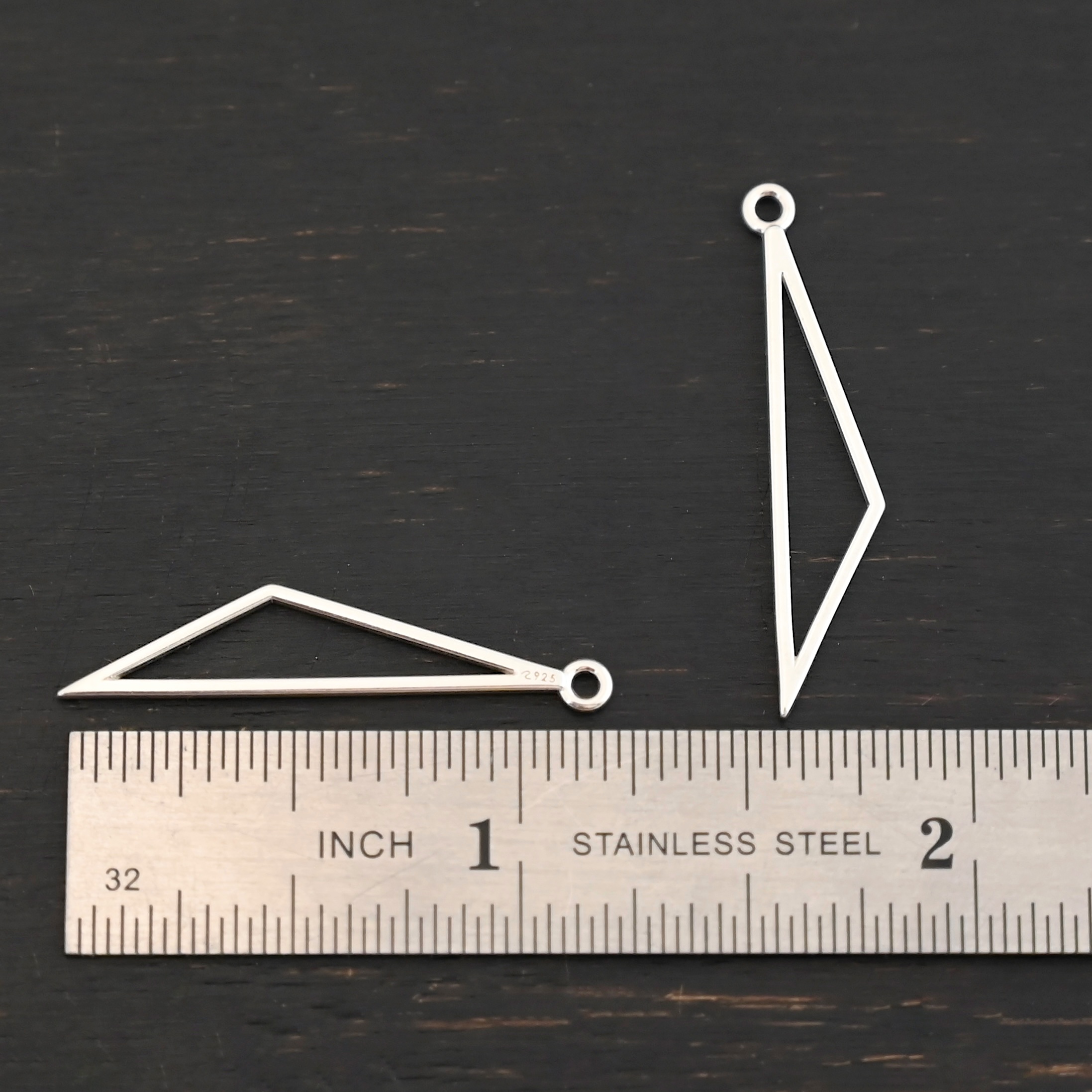 Sterling Silver Trace Triangle Chandelier - shiny smooth small shown by ruler