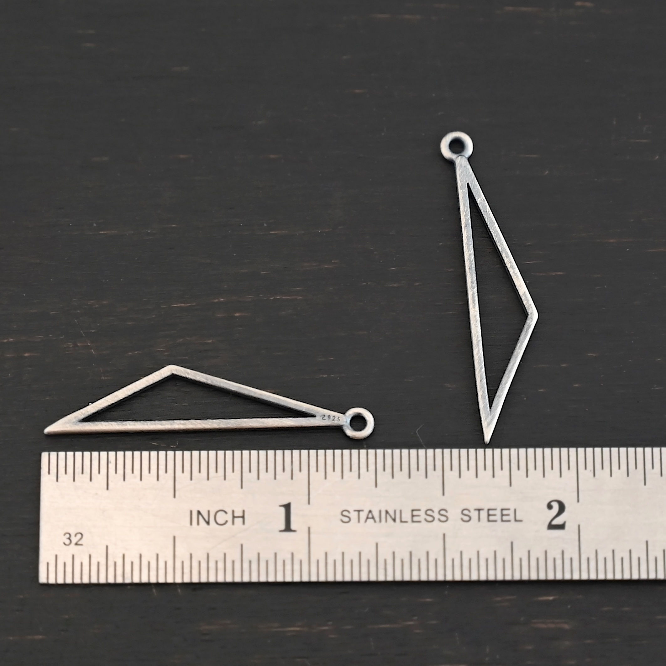 Sterling Silver Trace Triangle Chandelier - oxidized smooth small shown by ruler