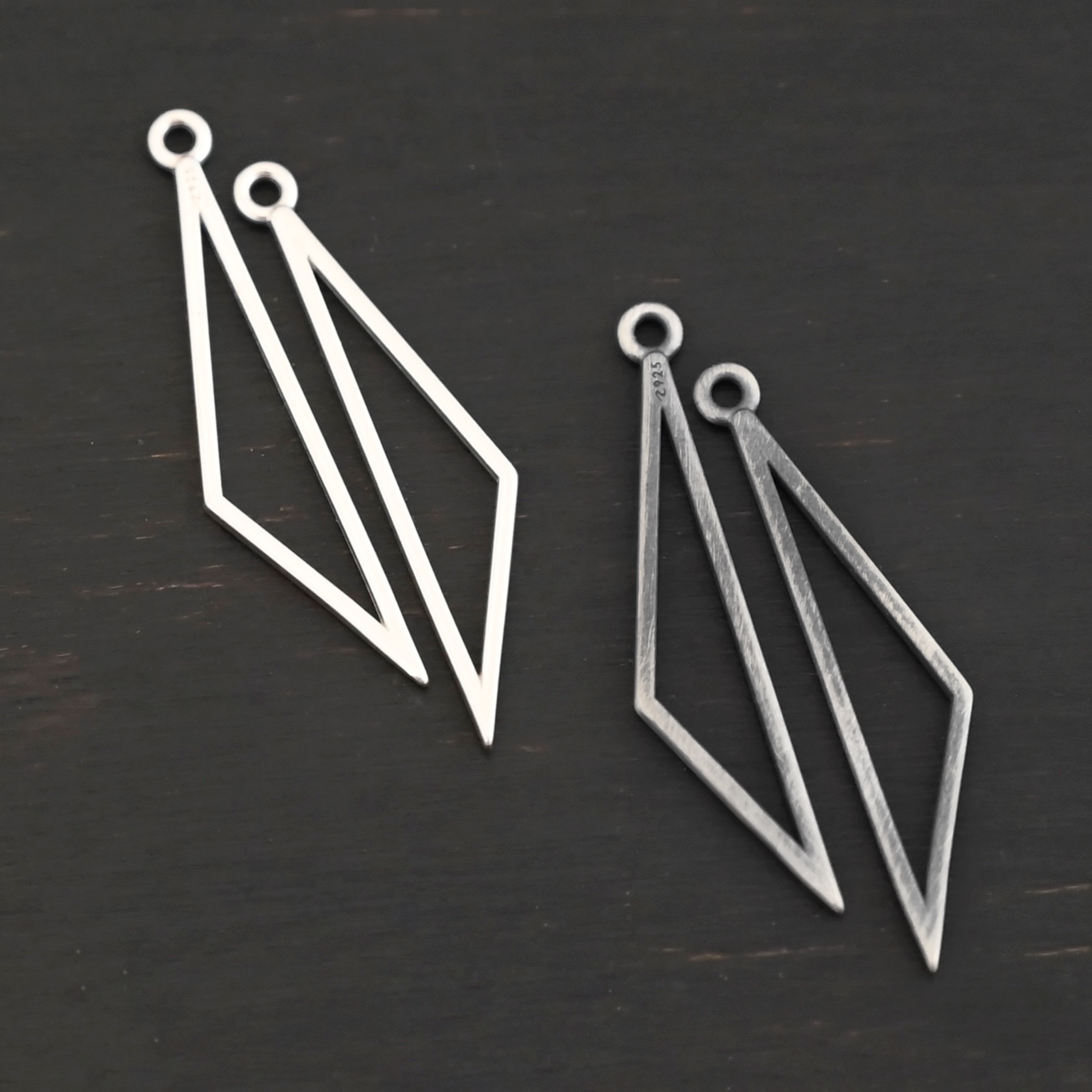 Sterling Silver Trace Triangle Chandelier - shiny and oxidized smooth small shown on dark background