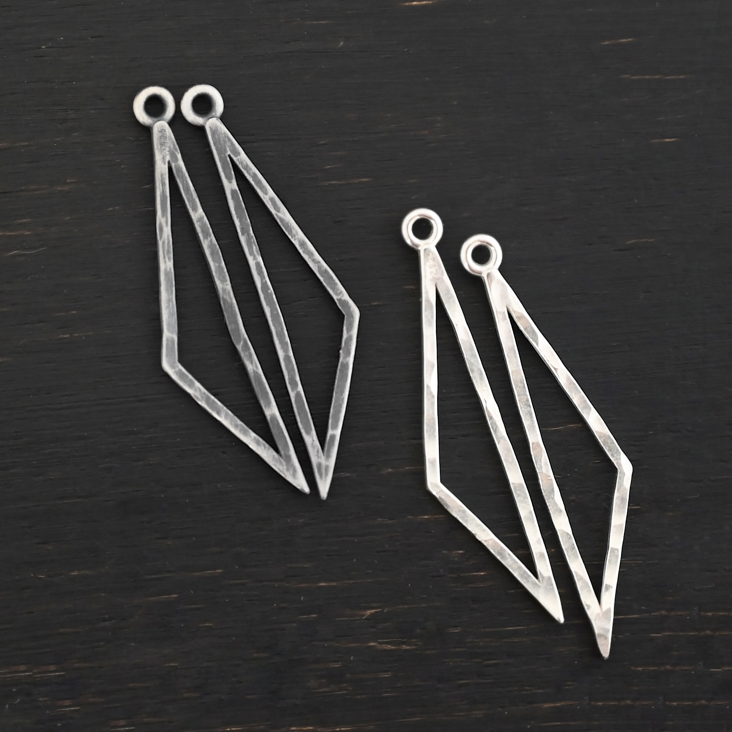 Sterling Silver Trace Triangle Chandelier - shiny and oxidized hammered small shown on dark background