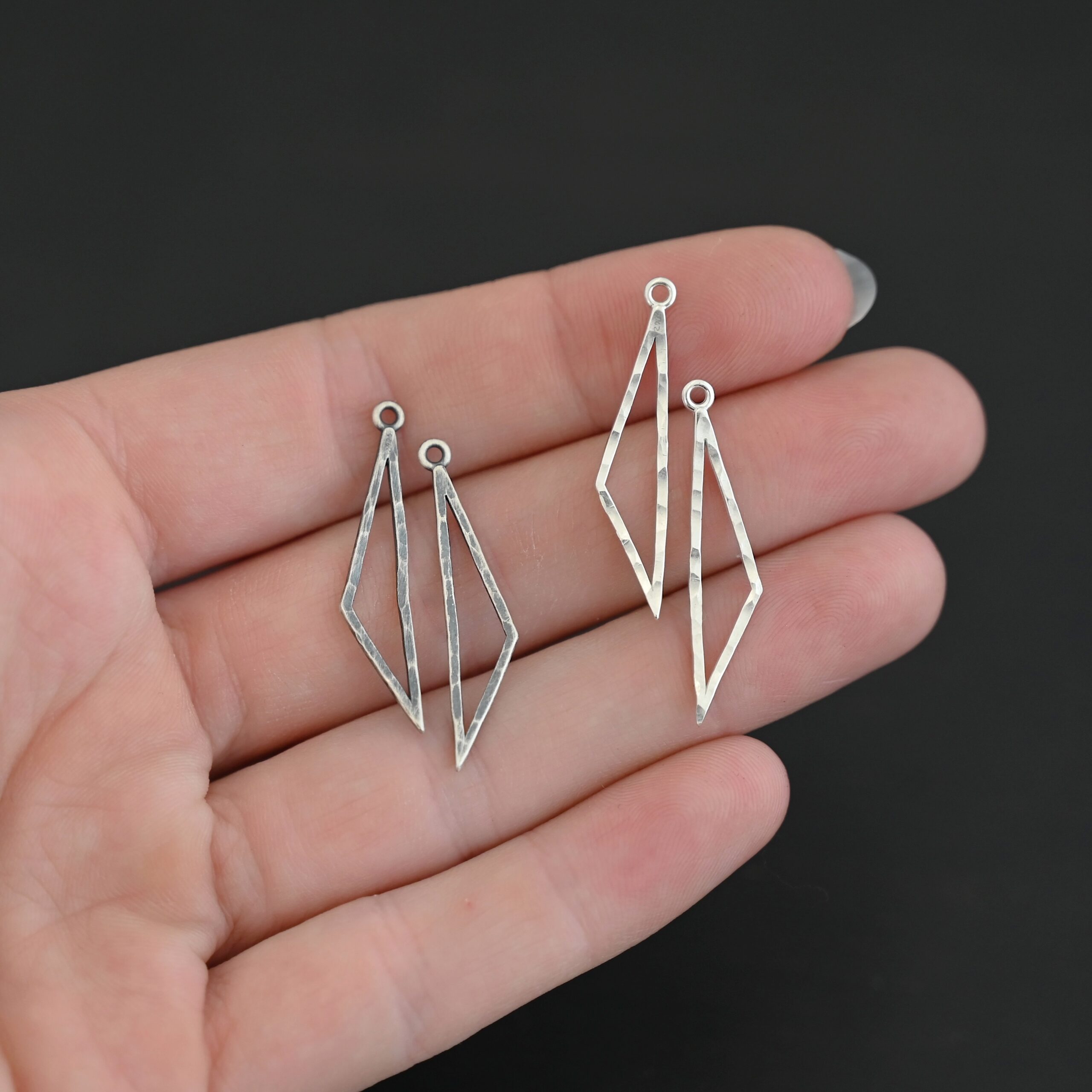 Sterling Silver Trace Triangle Chandelier - shiny and oxidized hammered small shown in hand