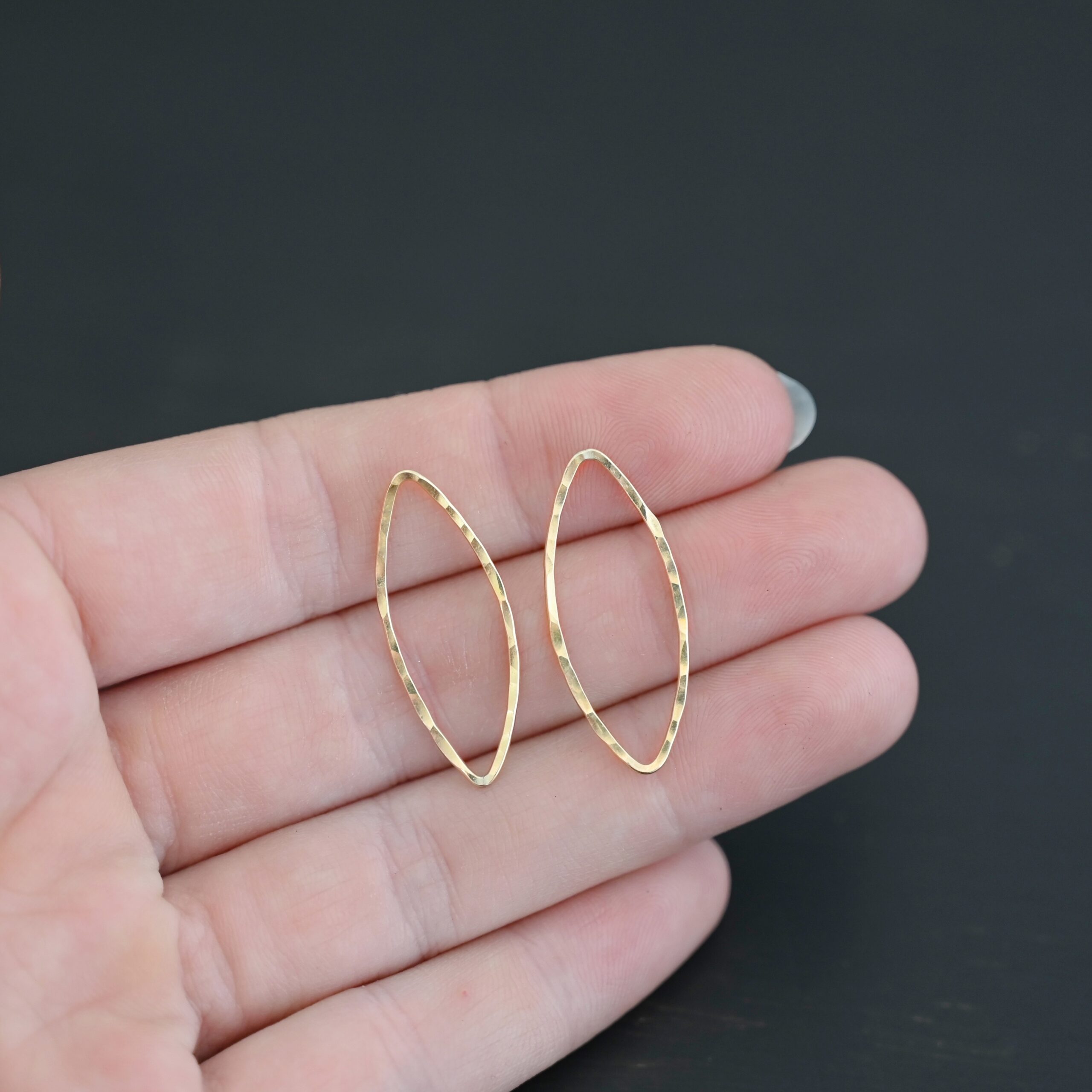 Tina - 14k Gold Filled Marquise Chandelier hammered 29x12mm shown in hand