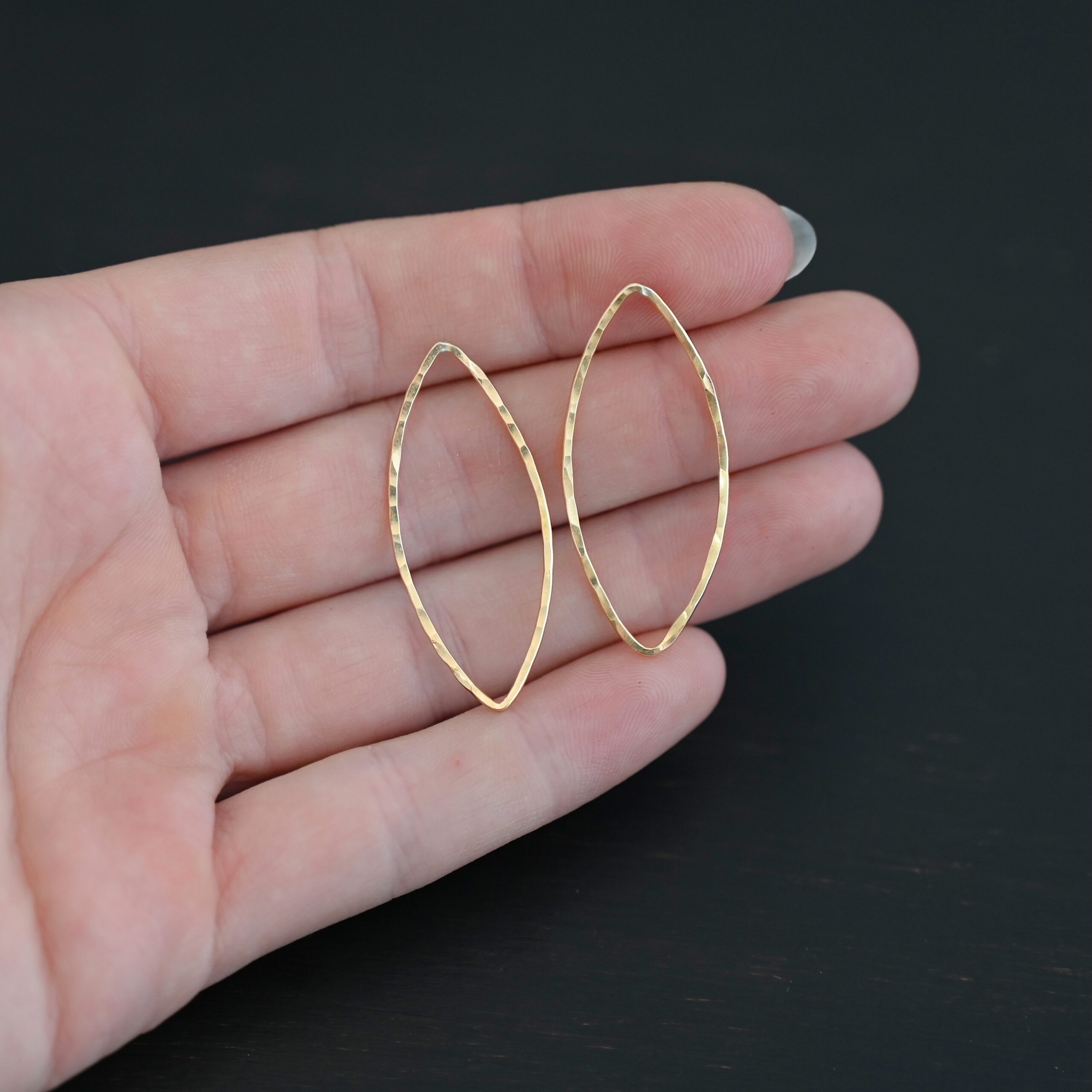 Tina - 14k Gold Filled Marquise Chandelier hammered 38x16mm shown in hand