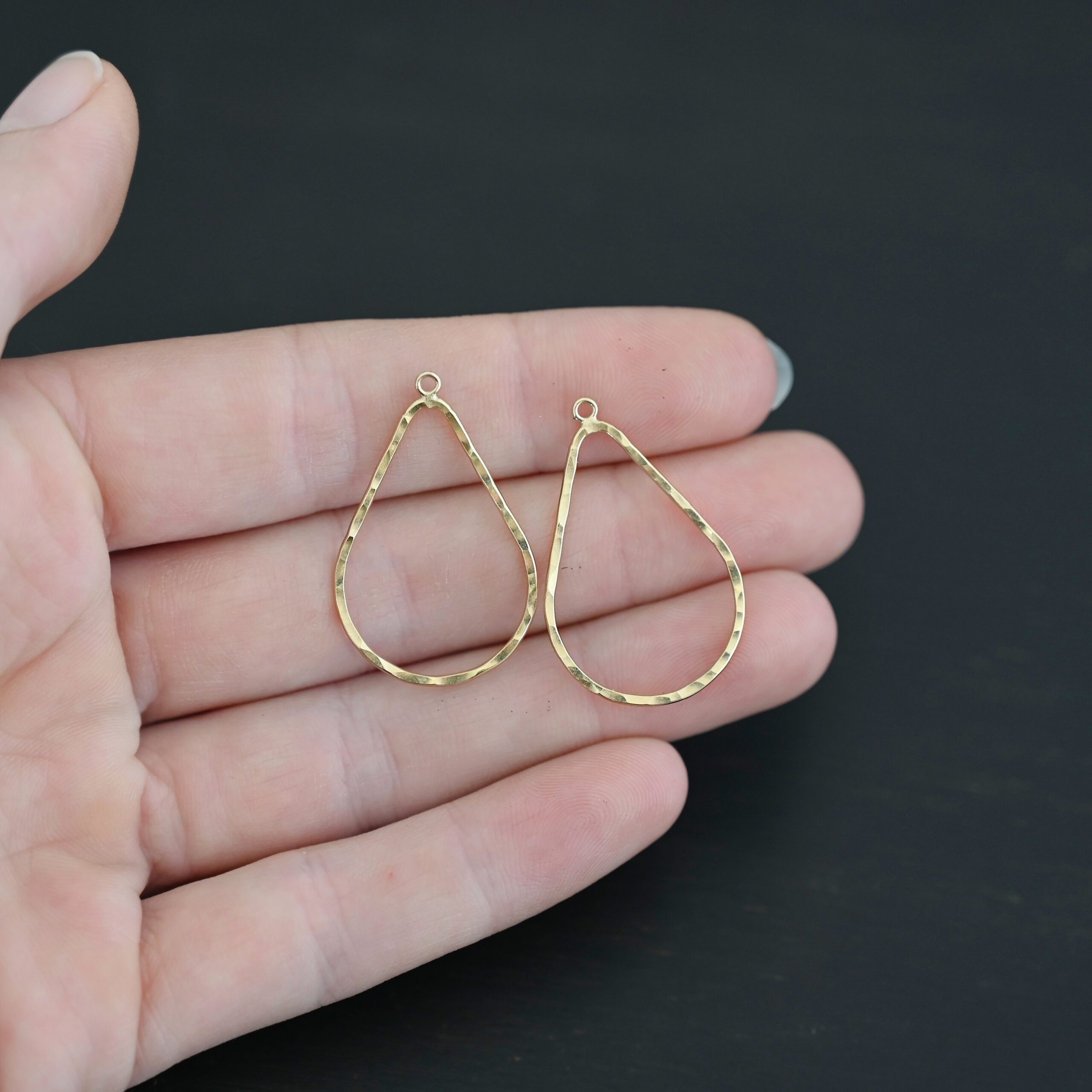 Talia - 14k gold filled Teardrop Chandelier - hammered 29x20mm shown in hand