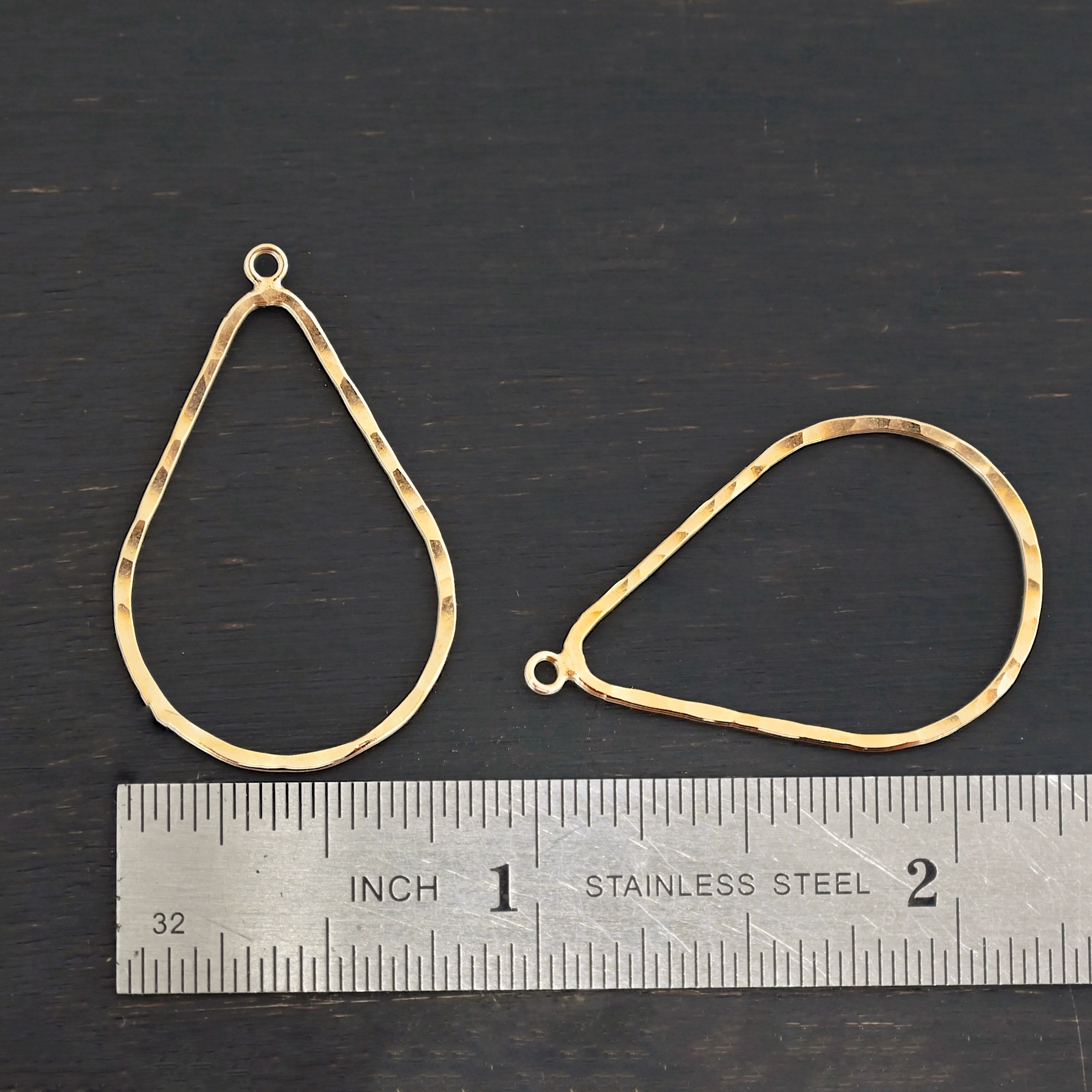 Talia - 14k gold filled Teardrop Chandelier - hammered 29x20mm shown by ruler