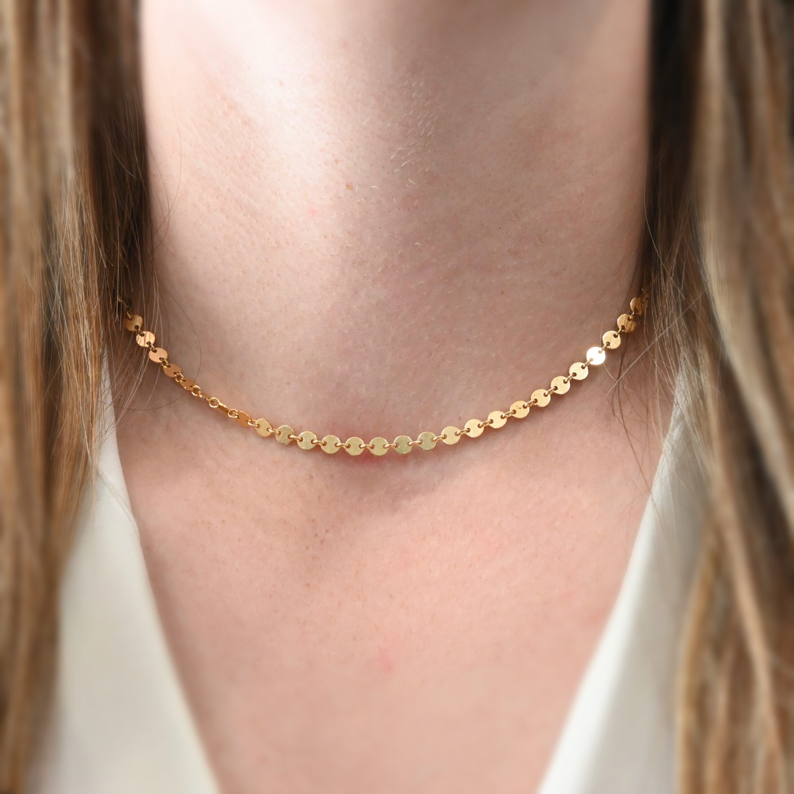 Gypsy Coin Chain - 14k Gold Filled 15-18" shown on model with white shirt and brown hair