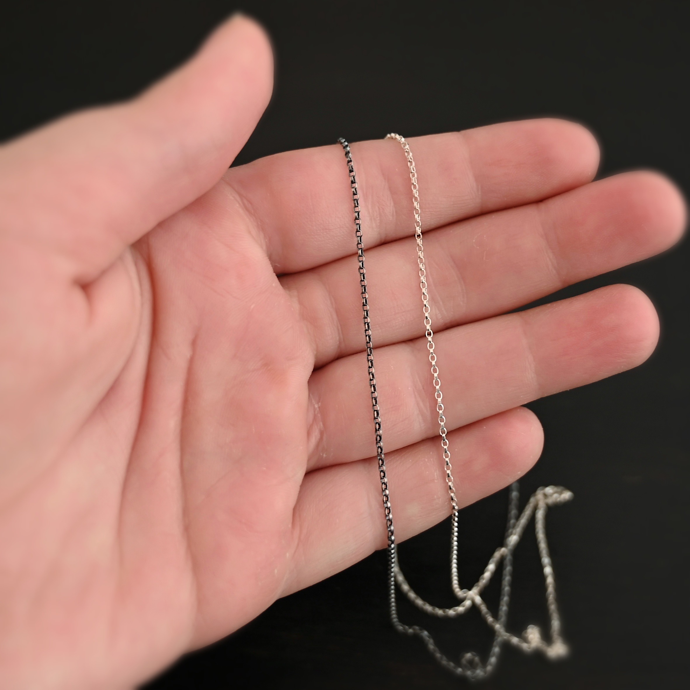 Sterling Silver Cassie Chain - shiny & oxidized shown in hand