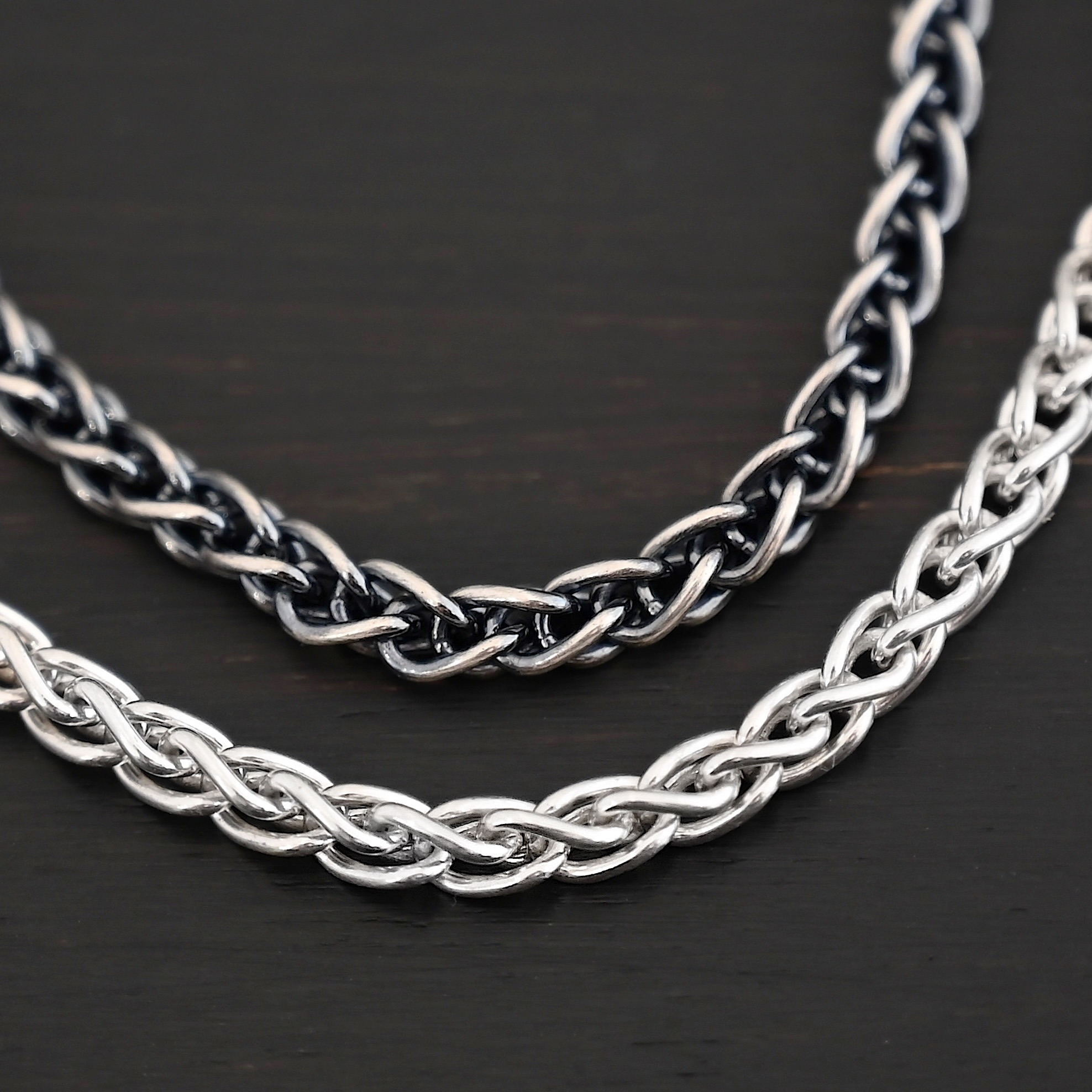 Sterling Silver King Cobra Chain - shiny & oxidized shown on dark background