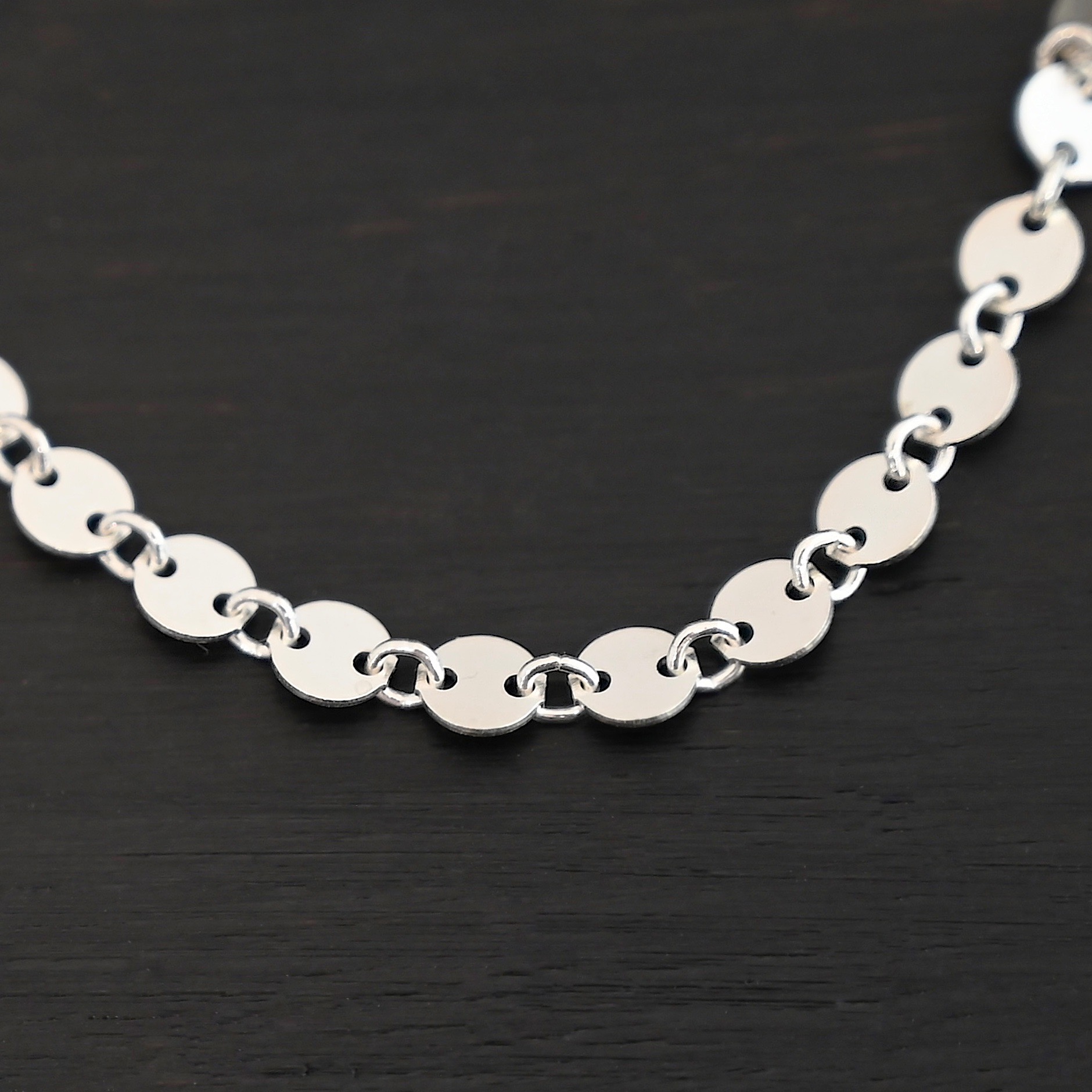 Sterling Silver Gypsy Coin Chain - shiny shown on dark background