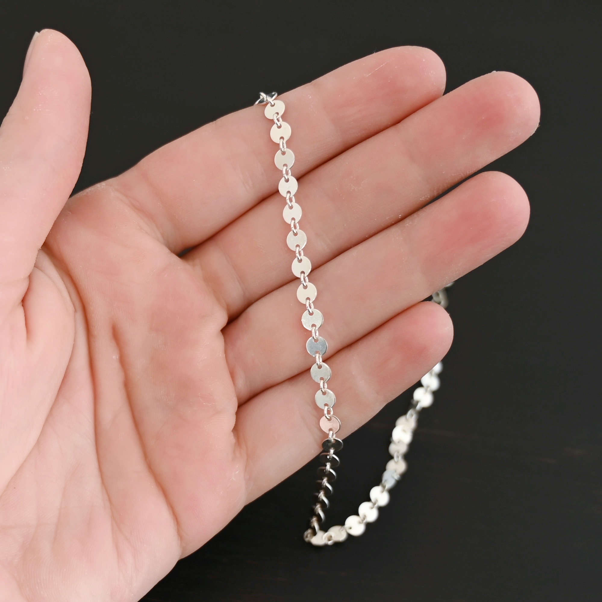 Sterling Silver Gypsy Coin Chain - shiny shown in hand