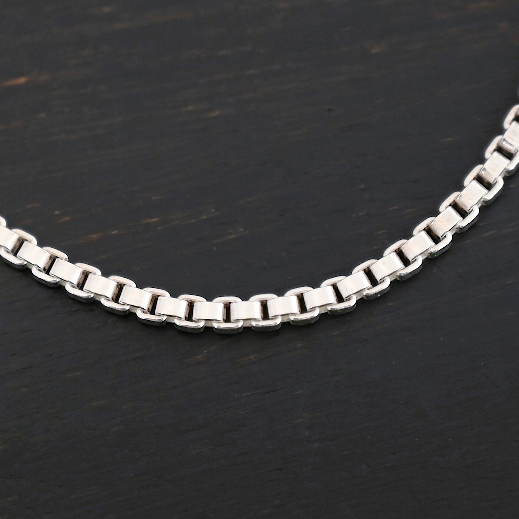 Sterling Silver Briggs Box Chain - shiny shown on dark background