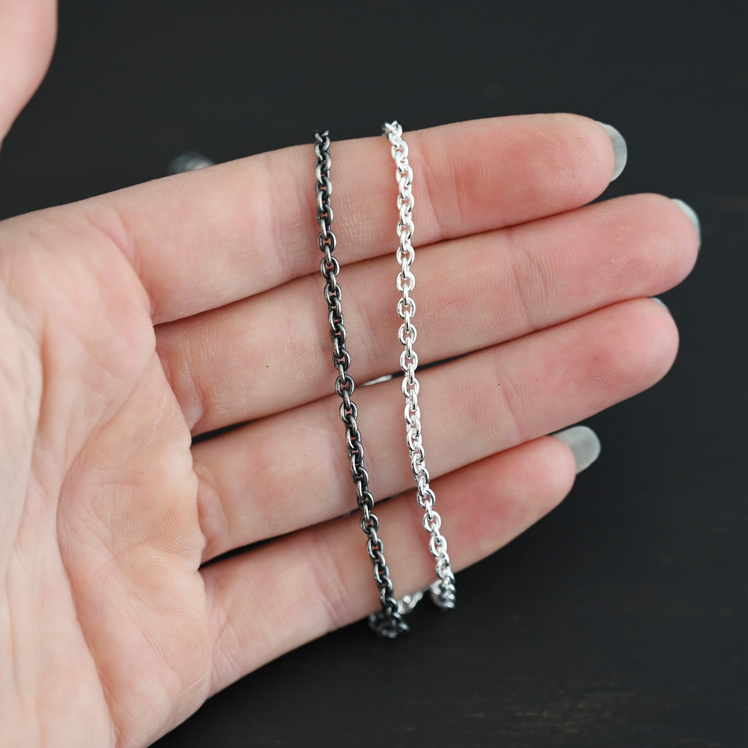 Maria Chain oxidized & shiny shown in hand