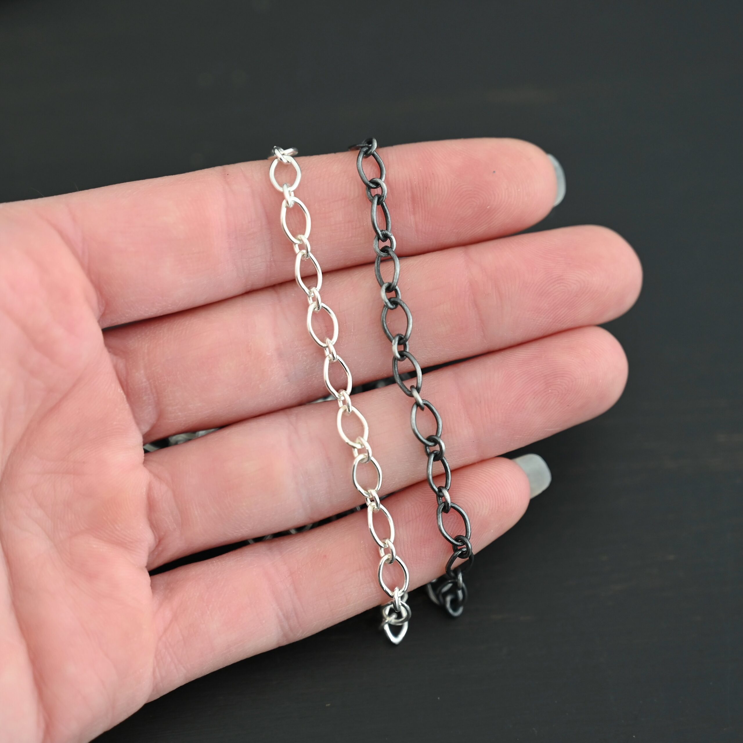 Allie Chain oxidized & shiny shown in hand
