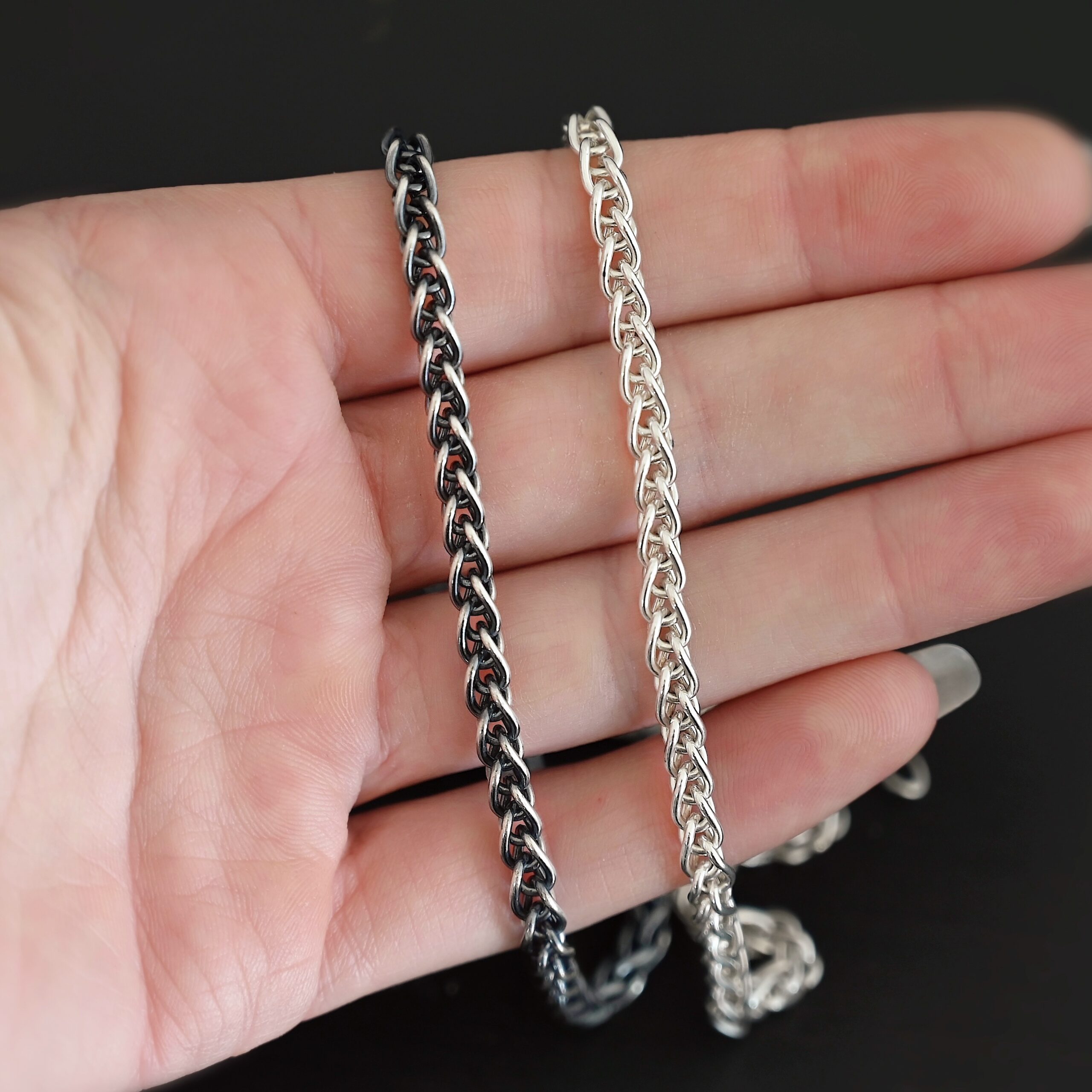 Sterling Silver King Cobra Chain - shiny & oxidized shown in hand