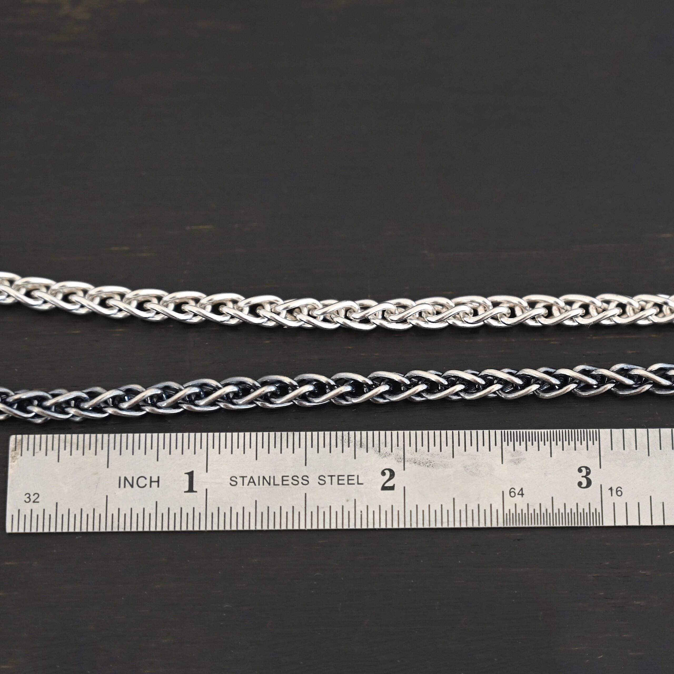 Sterling Silver King Cobra Chain - shiny & oxidized shown by ruler