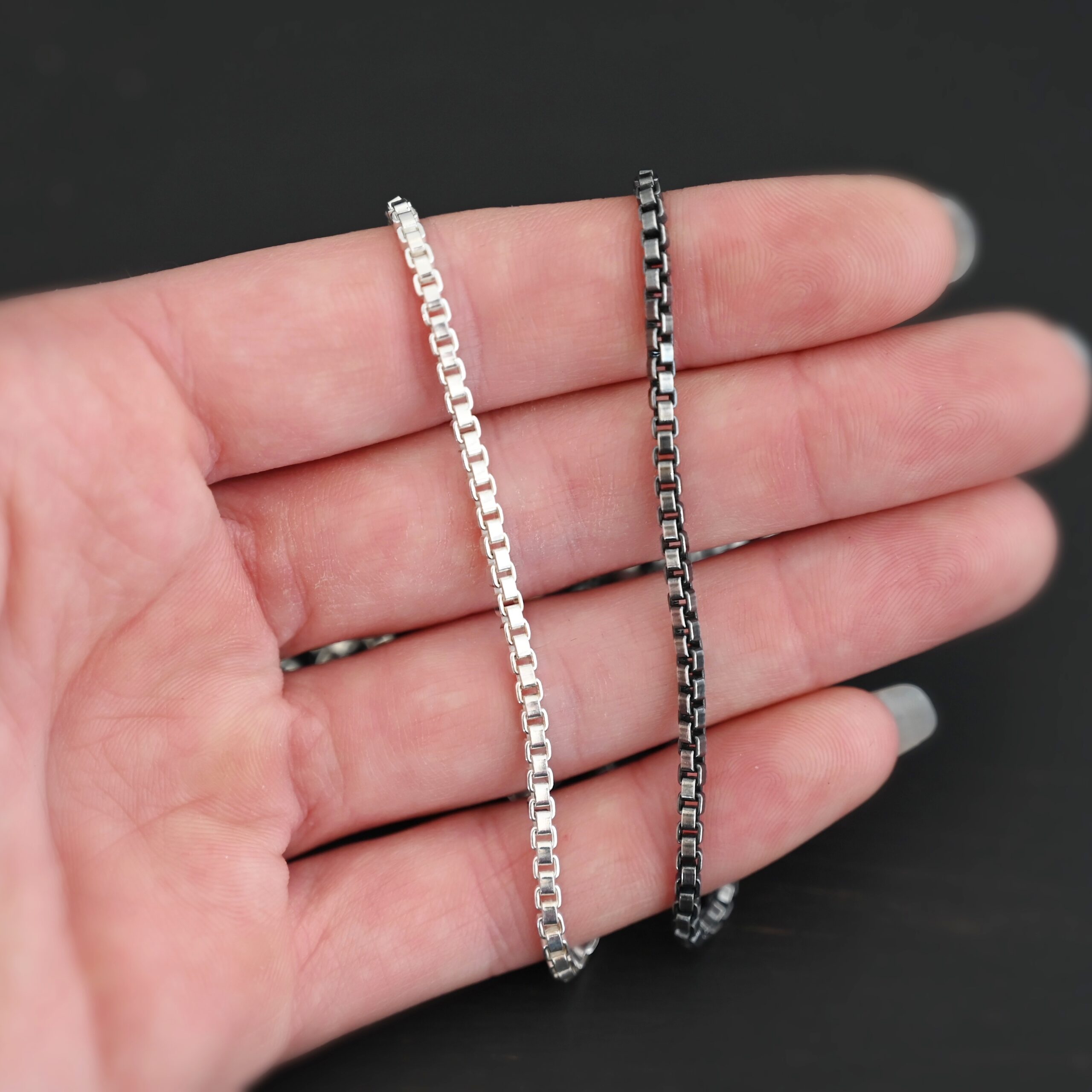 Sterling Silver Briggs Box Chain - shiny & oxidized shown in hand