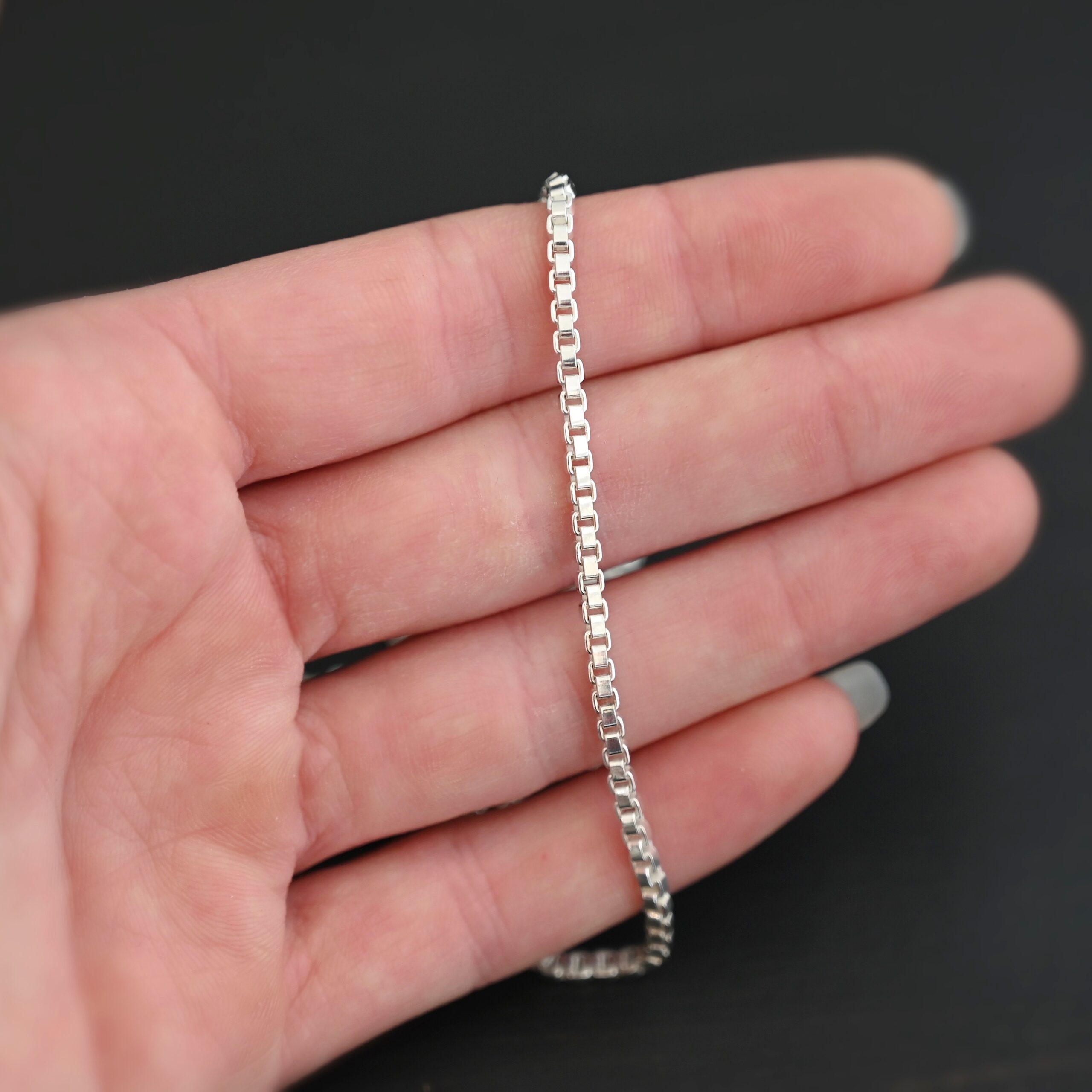 Sterling Silver Briggs Box Chain - shiny shown in hand
