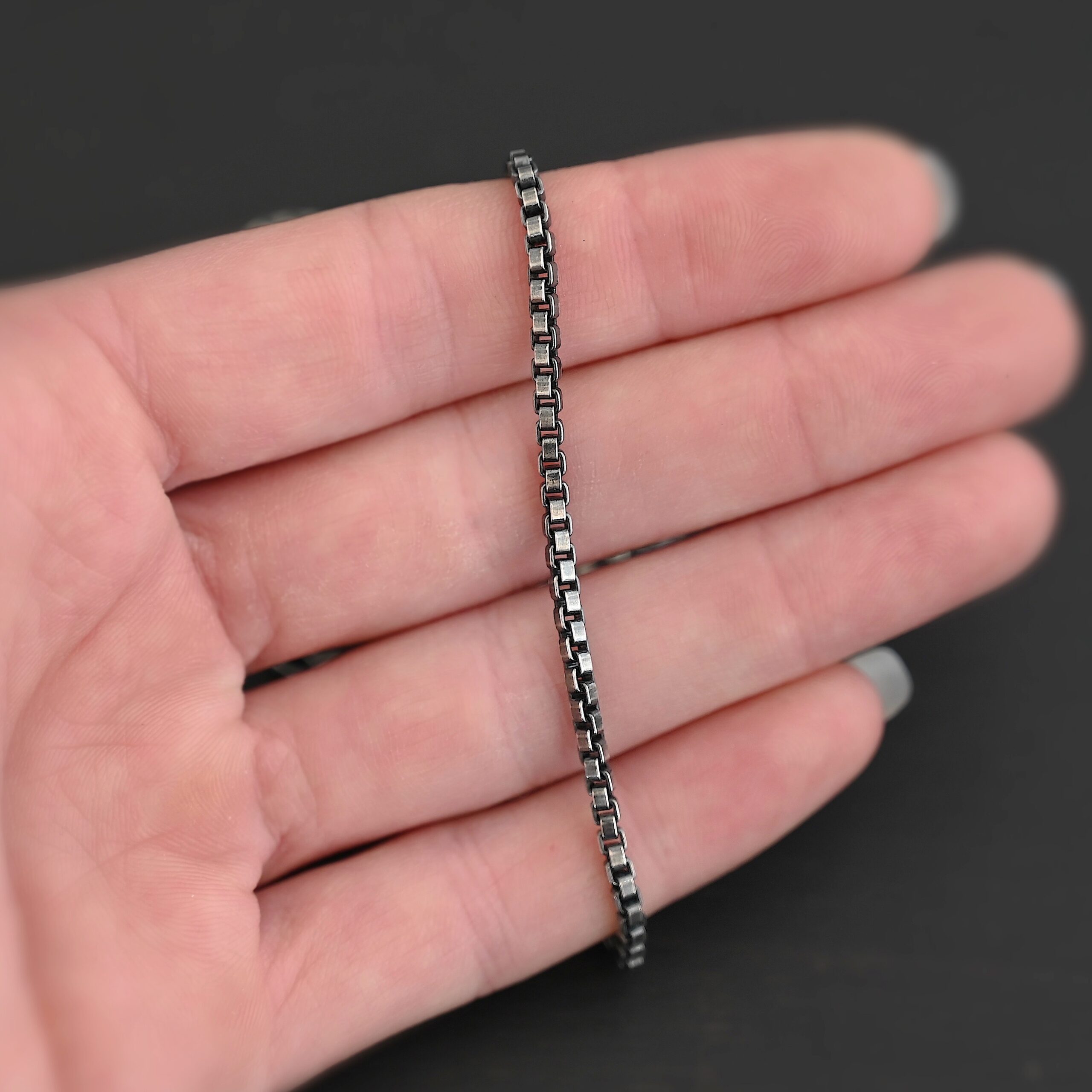 Sterling Silver Briggs Box Chain - oxidized shown in hand