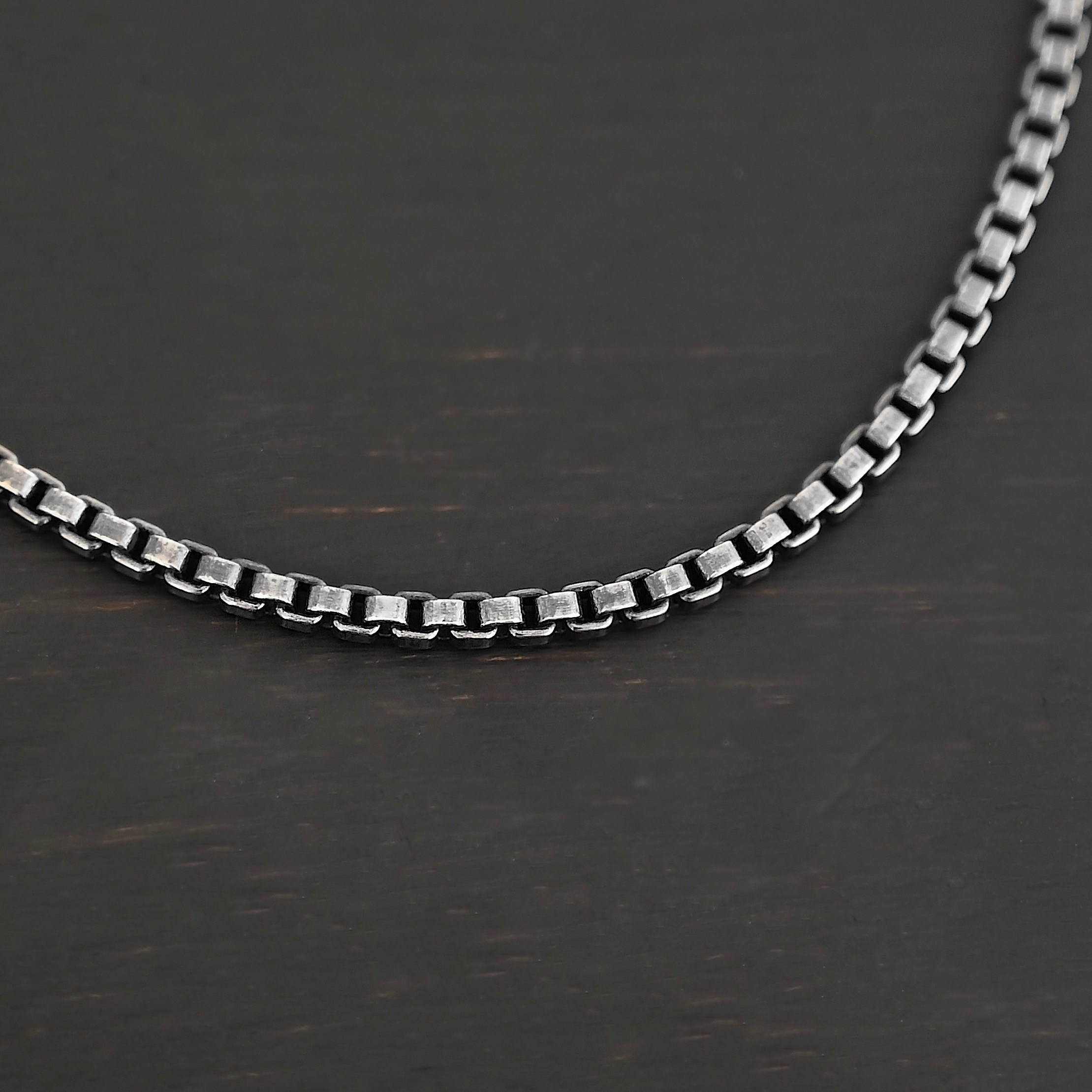 Sterling Silver Briggs Box Chain - oxidized shown on dark background