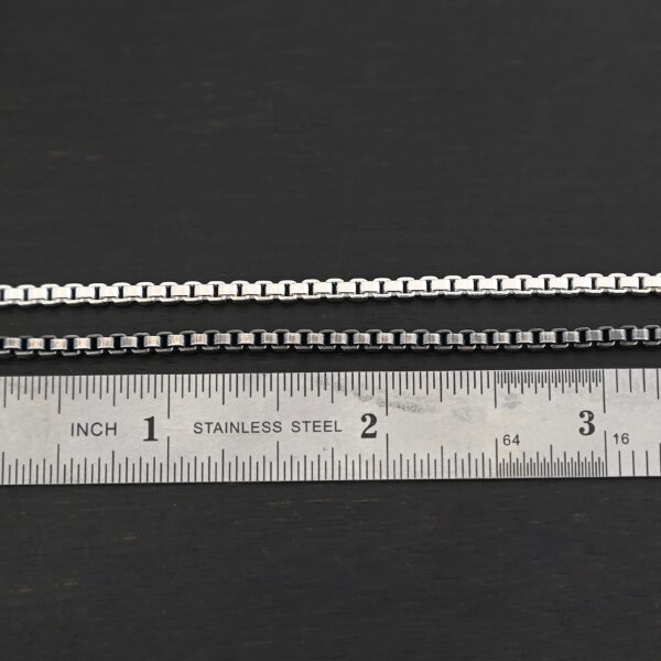 Sterling Silver Briggs Box Chain - shiny & oxidized shown by ruler