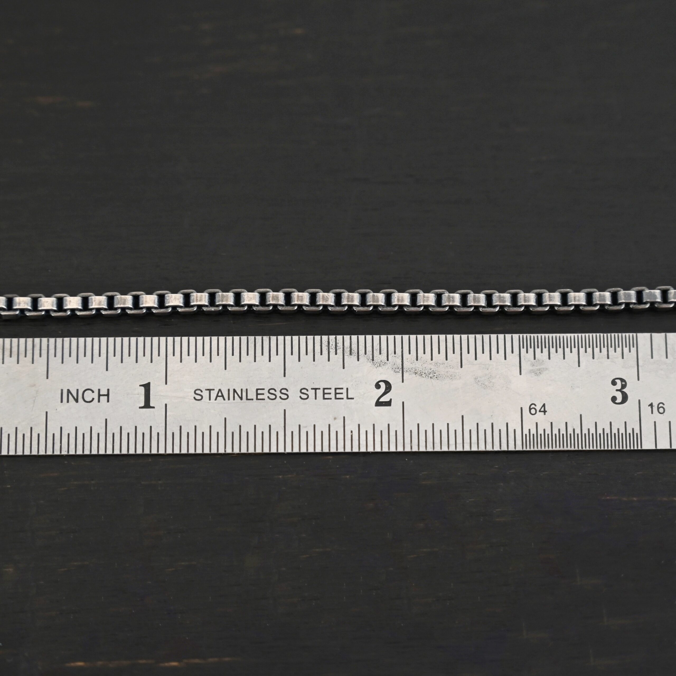 Sterling Silver Briggs Box Chain - oxidized shown by ruler