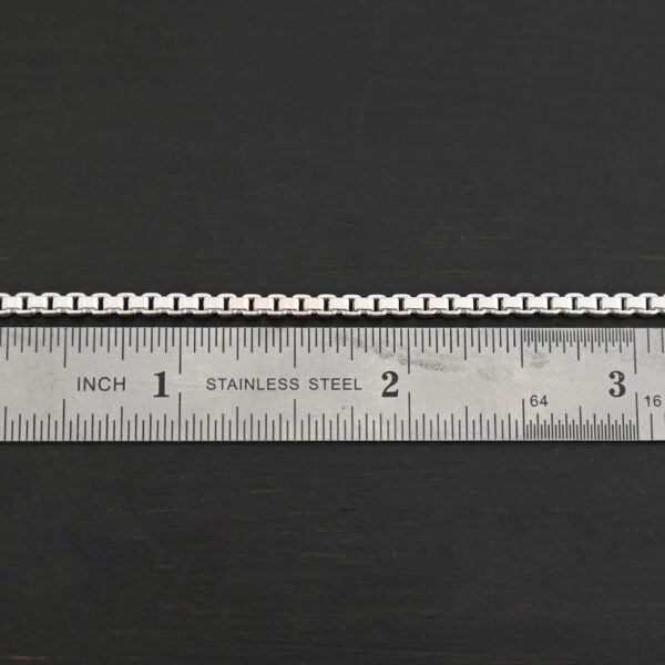 Sterling Silver Briggs Box Chain - shiny shown by ruler