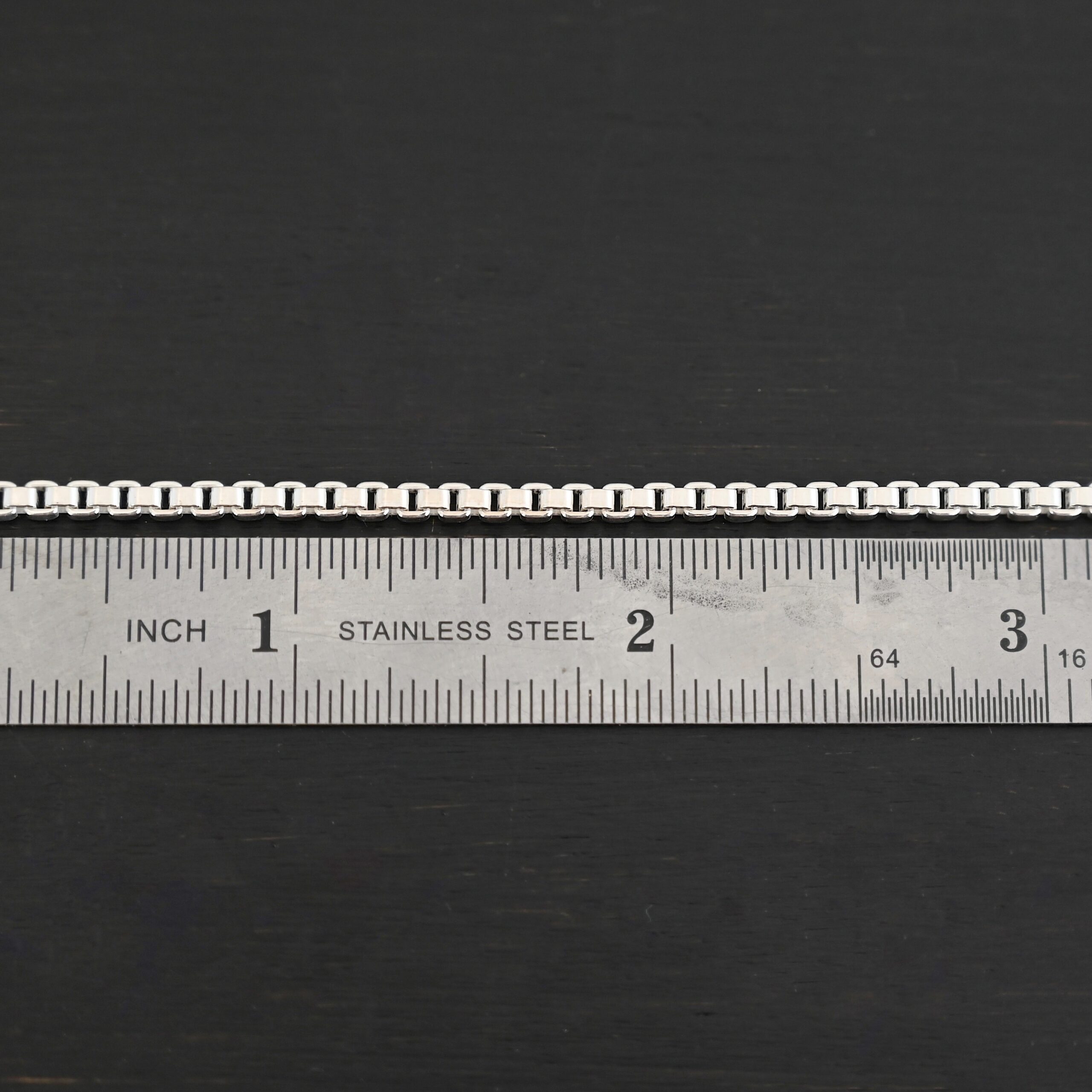 Sterling Silver Briggs Box Chain - shiny shown by ruler
