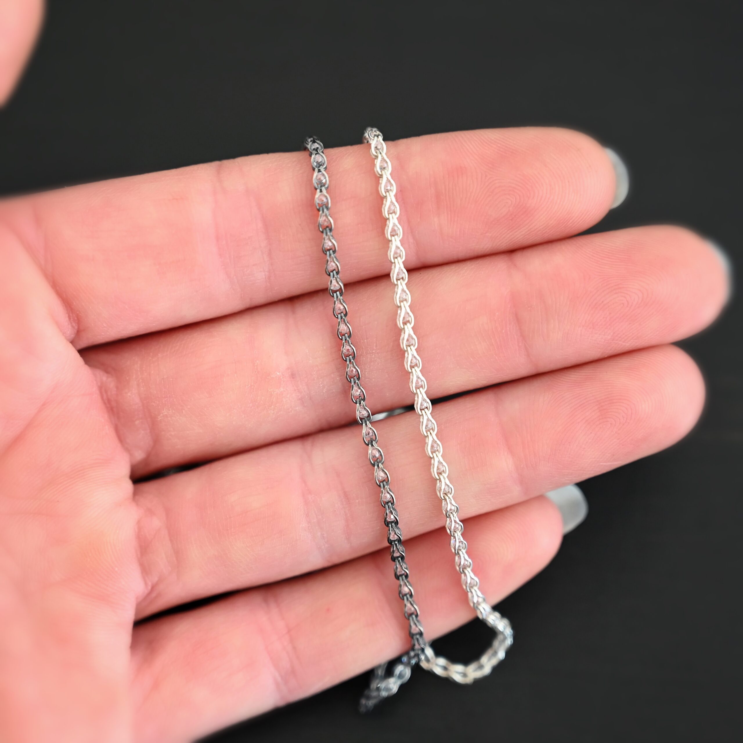 Sterling Silver Scarlett - shiny & oxidized shown in hand